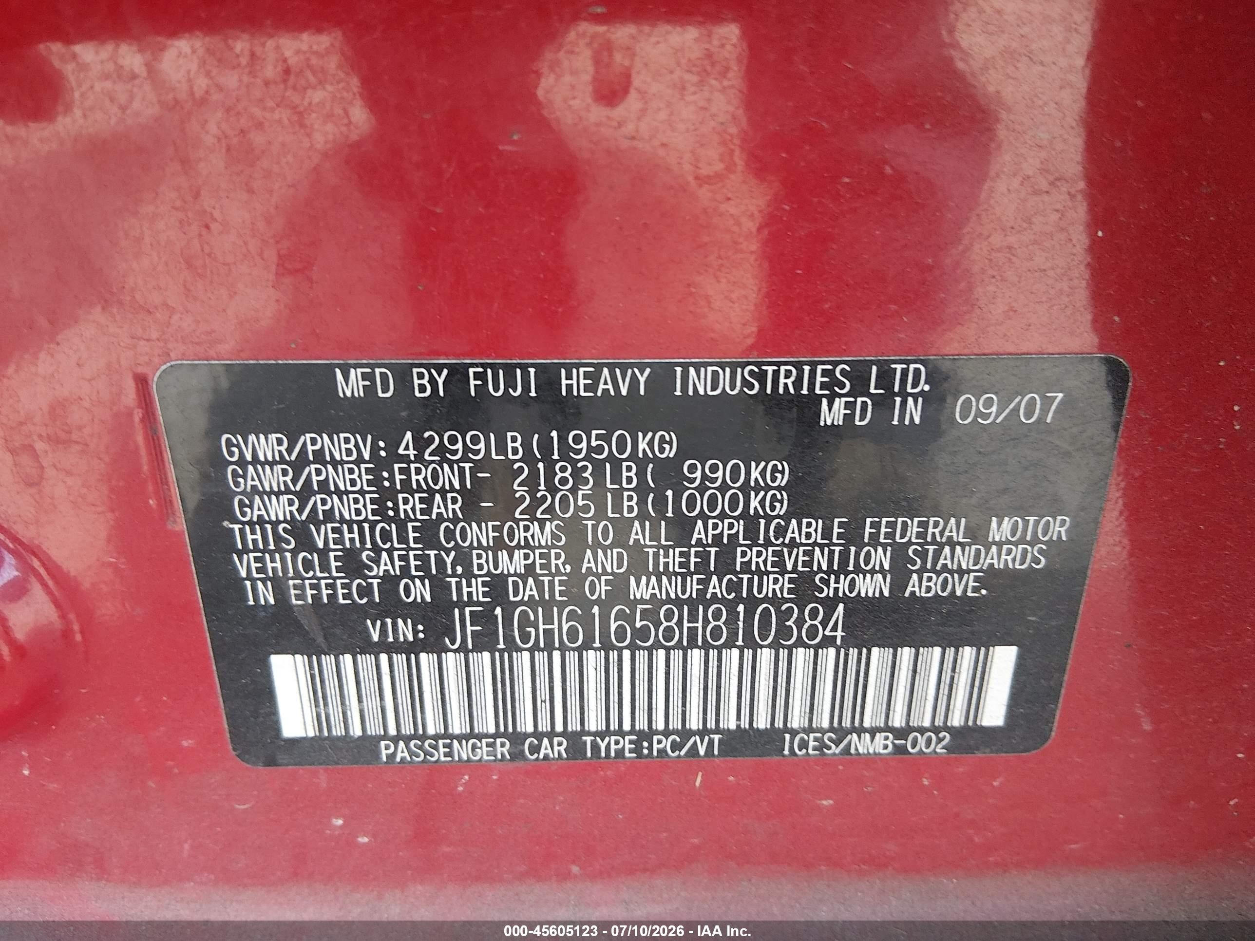 2008 Subaru Impreza Wagon (natl) I Red vin: JF1GH61658H810384