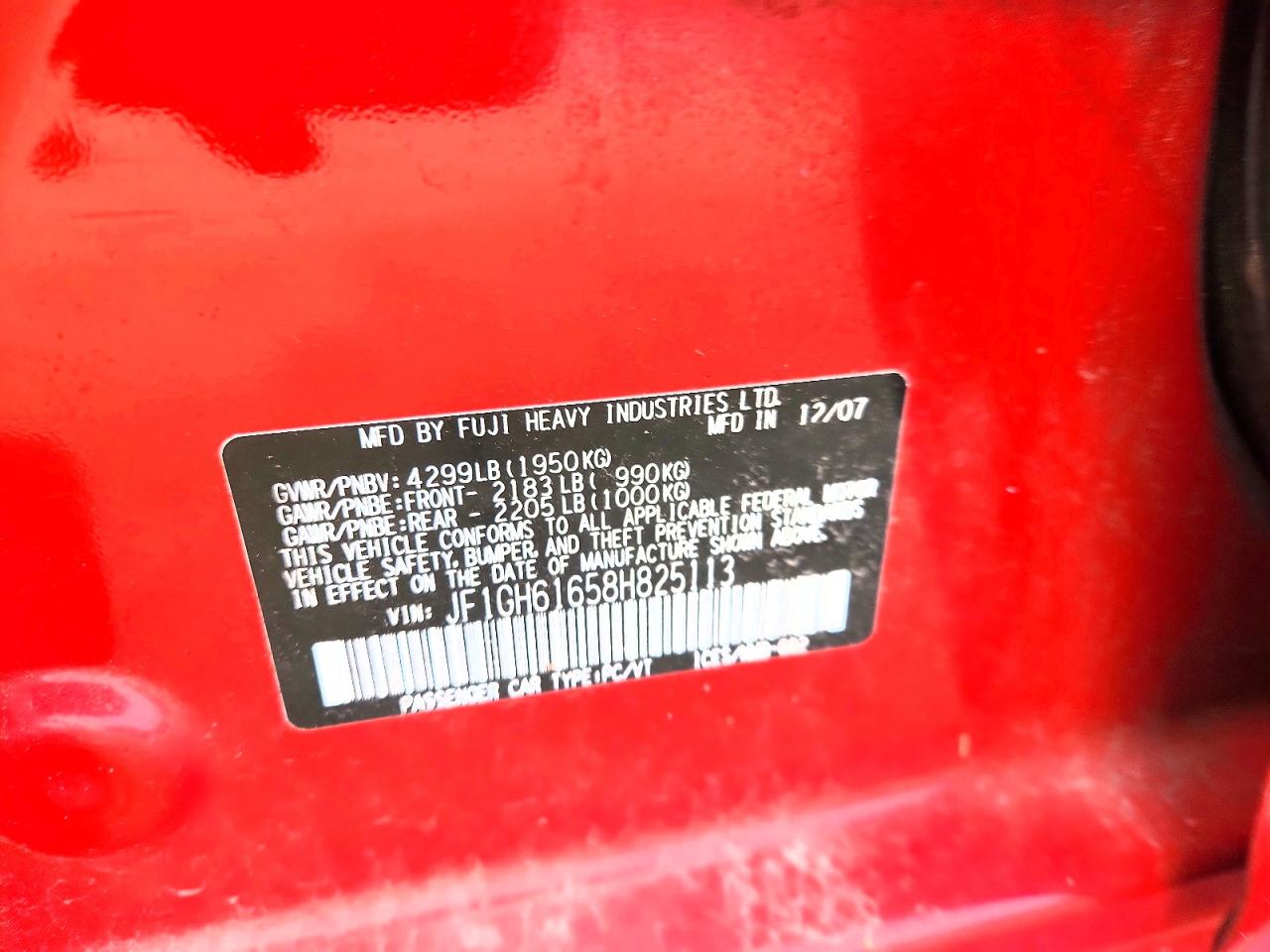 2008 Subaru Impreza 2.5i Red vin: JF1GH61658H825113