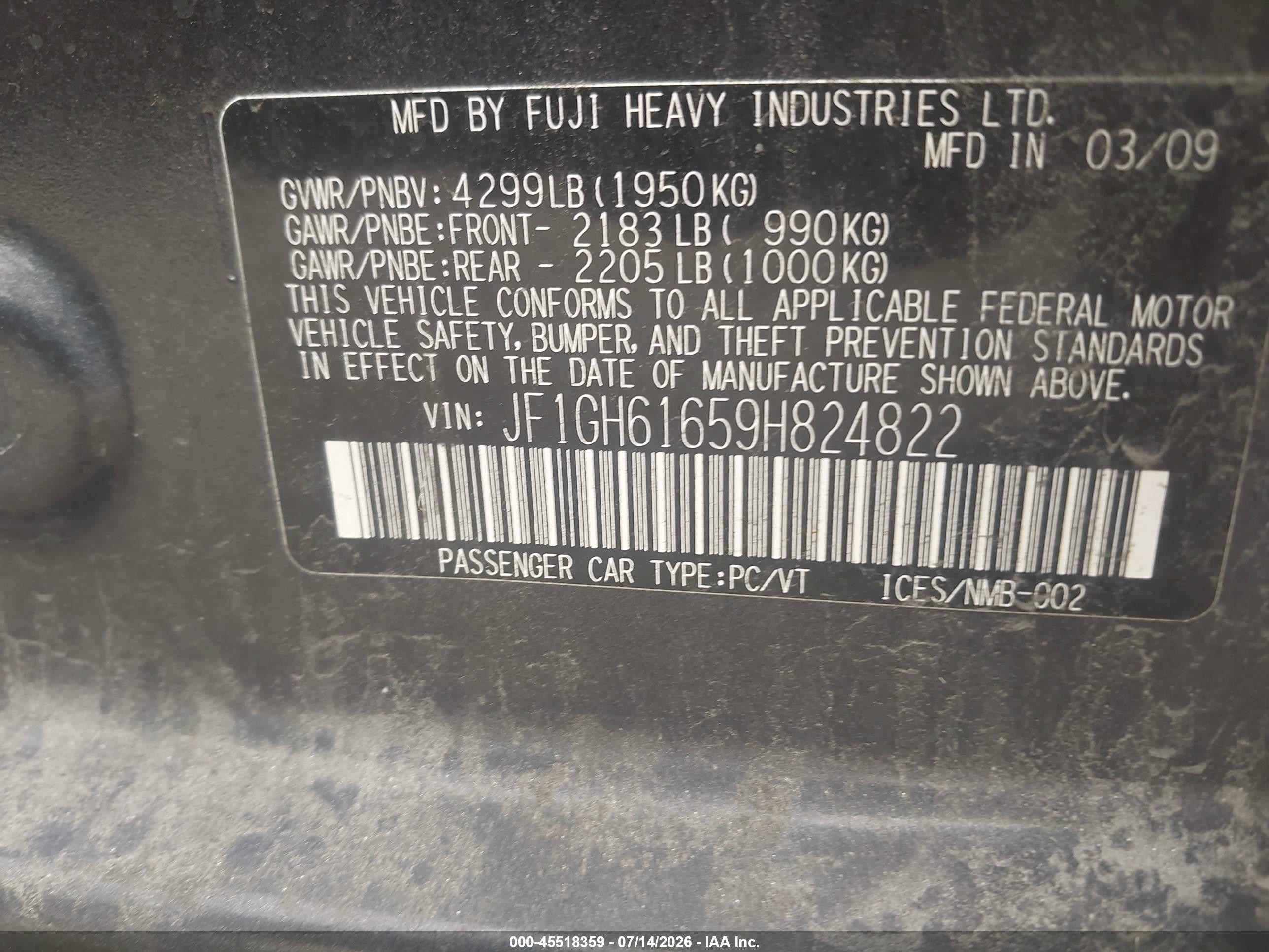 2009 Subaru Impreza 2.5i Gray vin: JF1GH61659H824822
