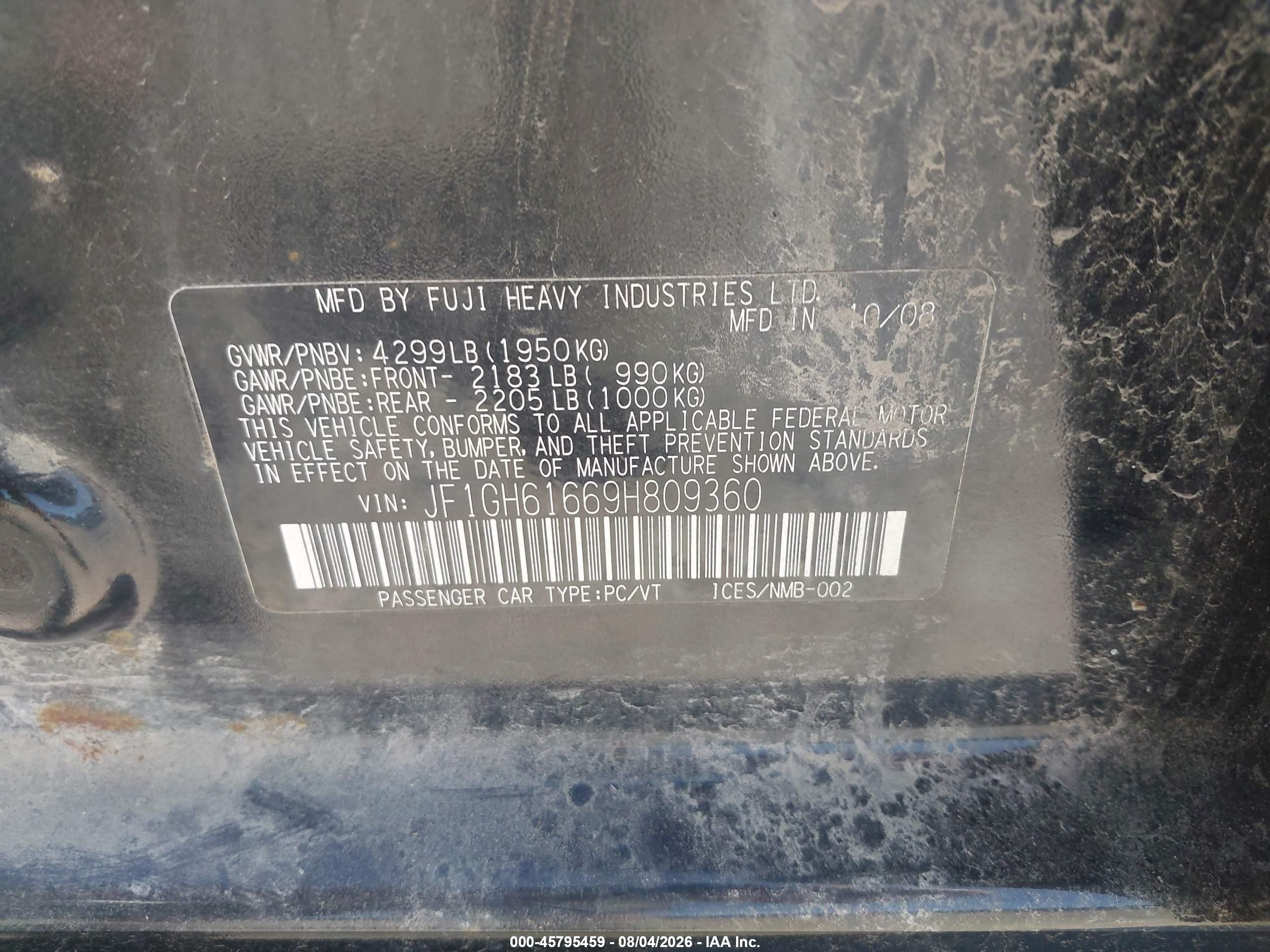 2009 Subaru Impreza 2.5i Black vin: JF1GH61669H809360
