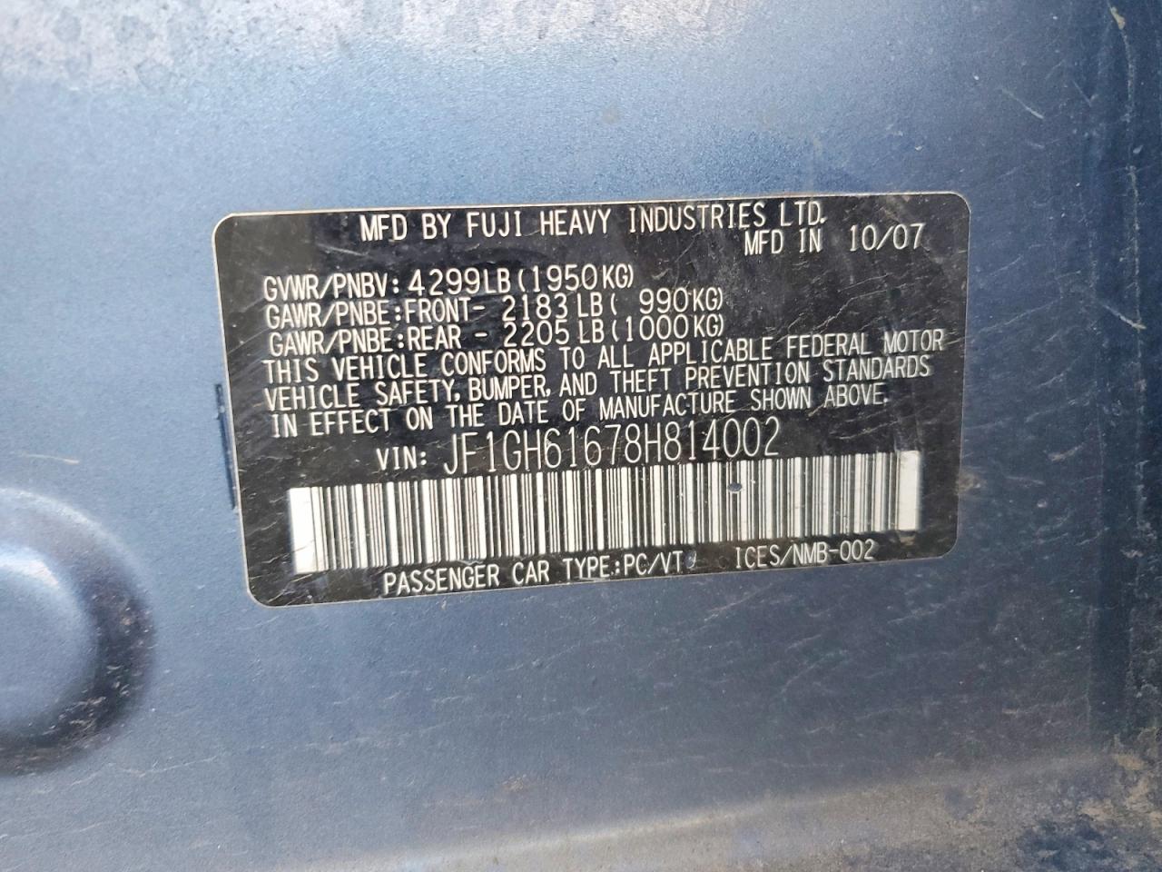 2008 Subaru Impreza 2.5i Blue vin: JF1GH61678H814002