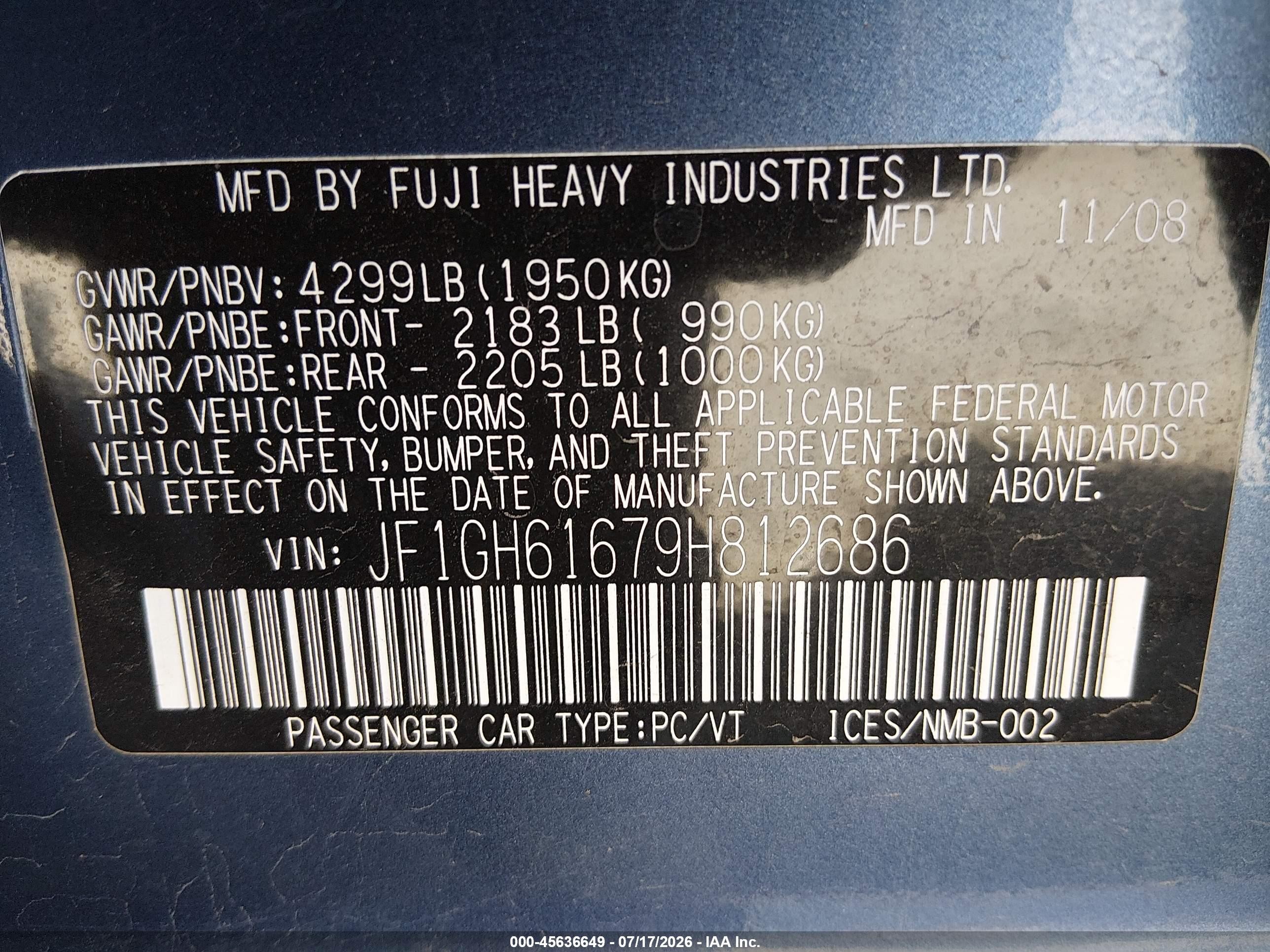 2009 Subaru Impreza 2.5i Blue vin: JF1GH61679H812686