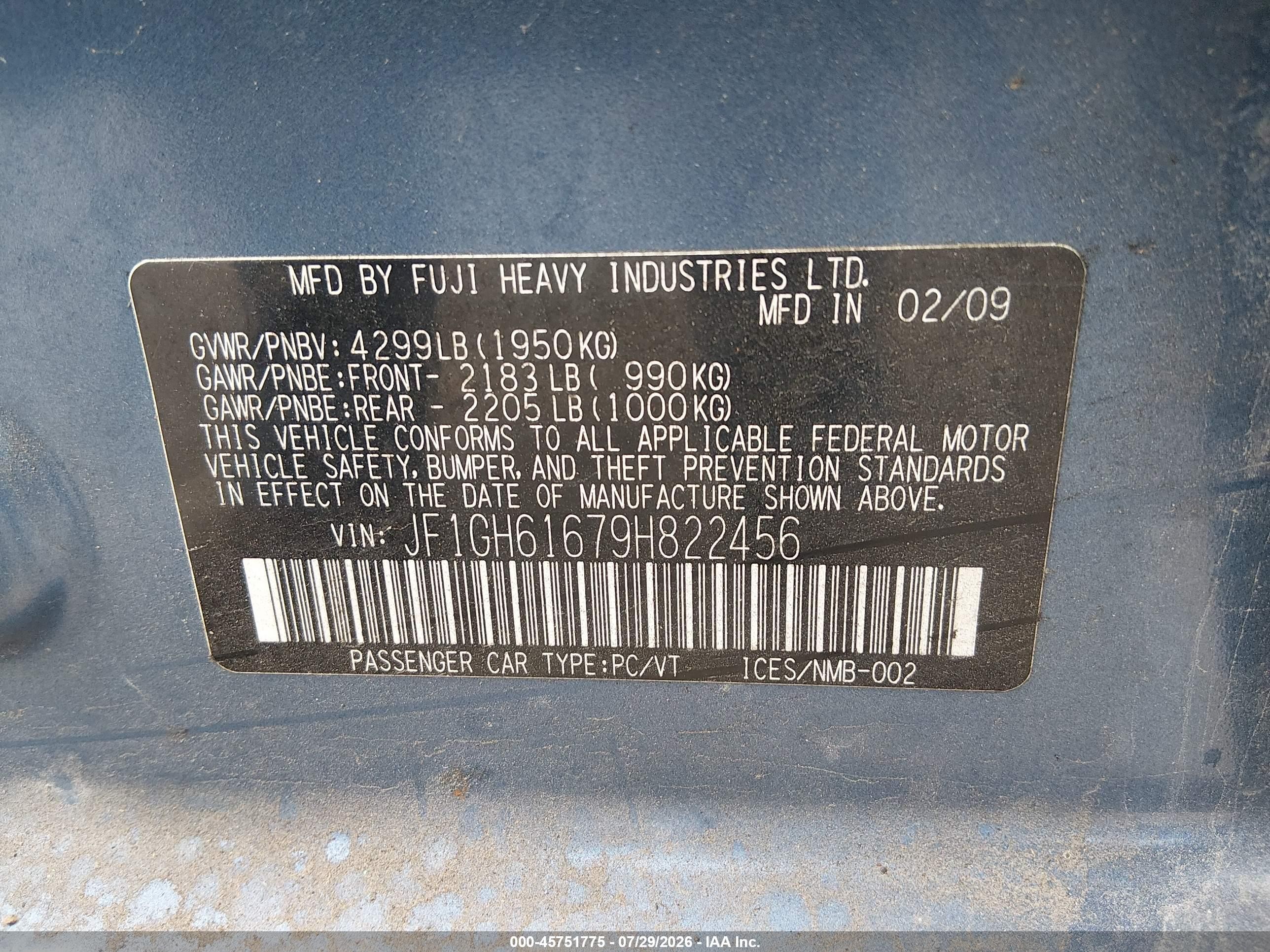 2009 Subaru Impreza 2.5i Blue vin: JF1GH61679H822456