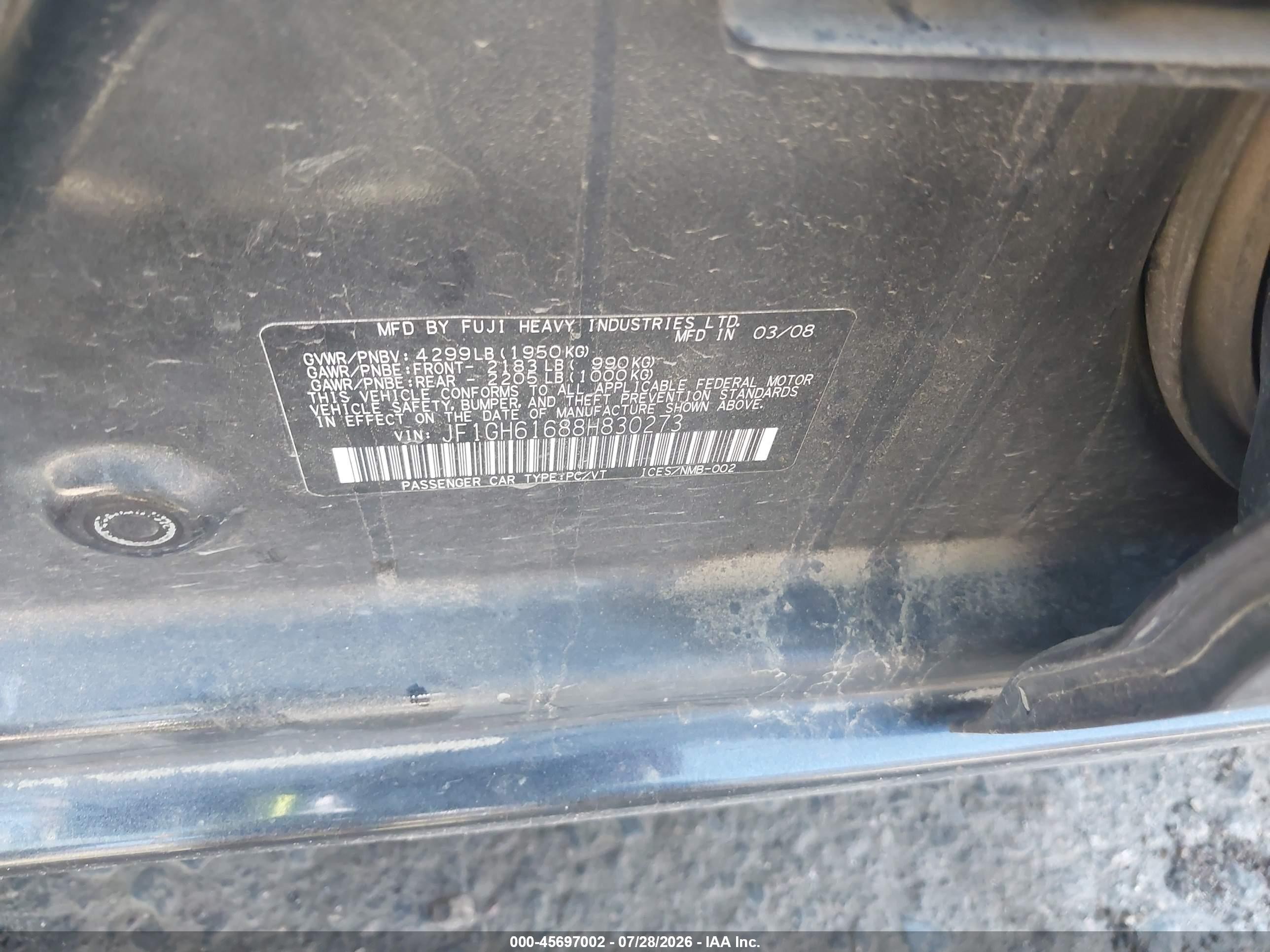 2008 Subaru Impreza Wagon (natl) I Black vin: JF1GH61688H830273
