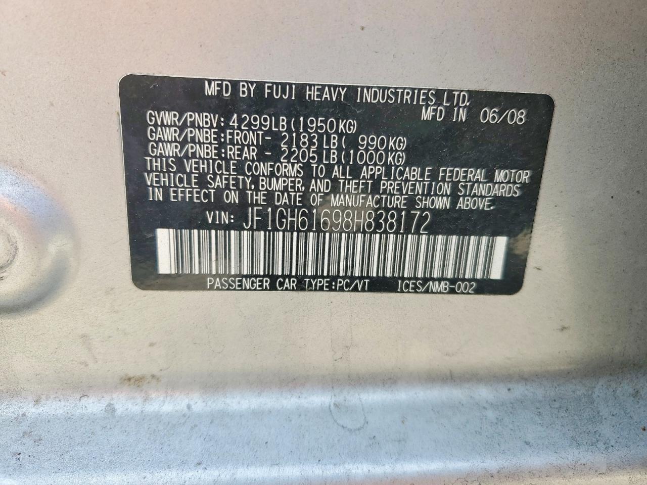 2008 Subaru Impreza 2.5i Silver vin: JF1GH61698H838172