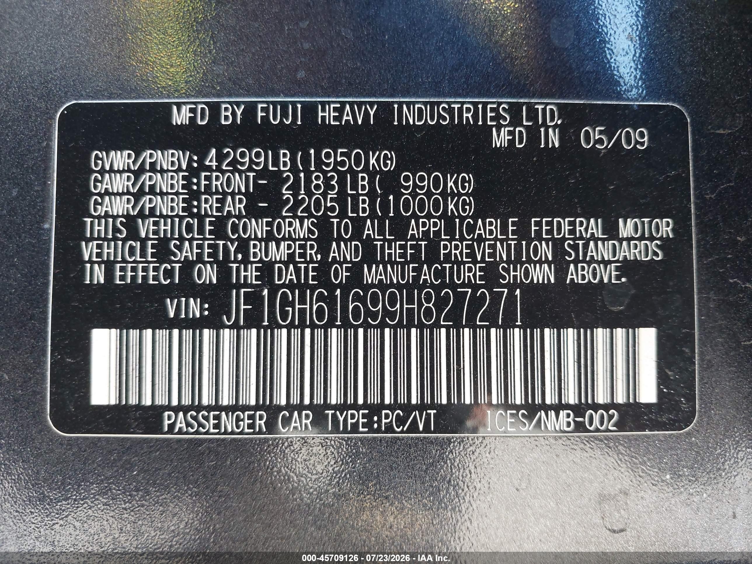 2009 Subaru Impreza 2.5i Gray vin: JF1GH61699H827271