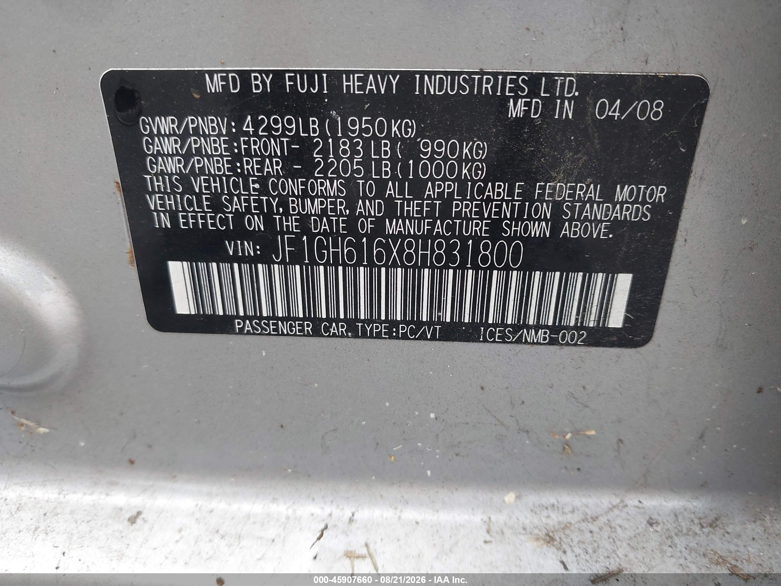 2008 Subaru Impreza 2.5i Silver vin: JF1GH616X8H831800