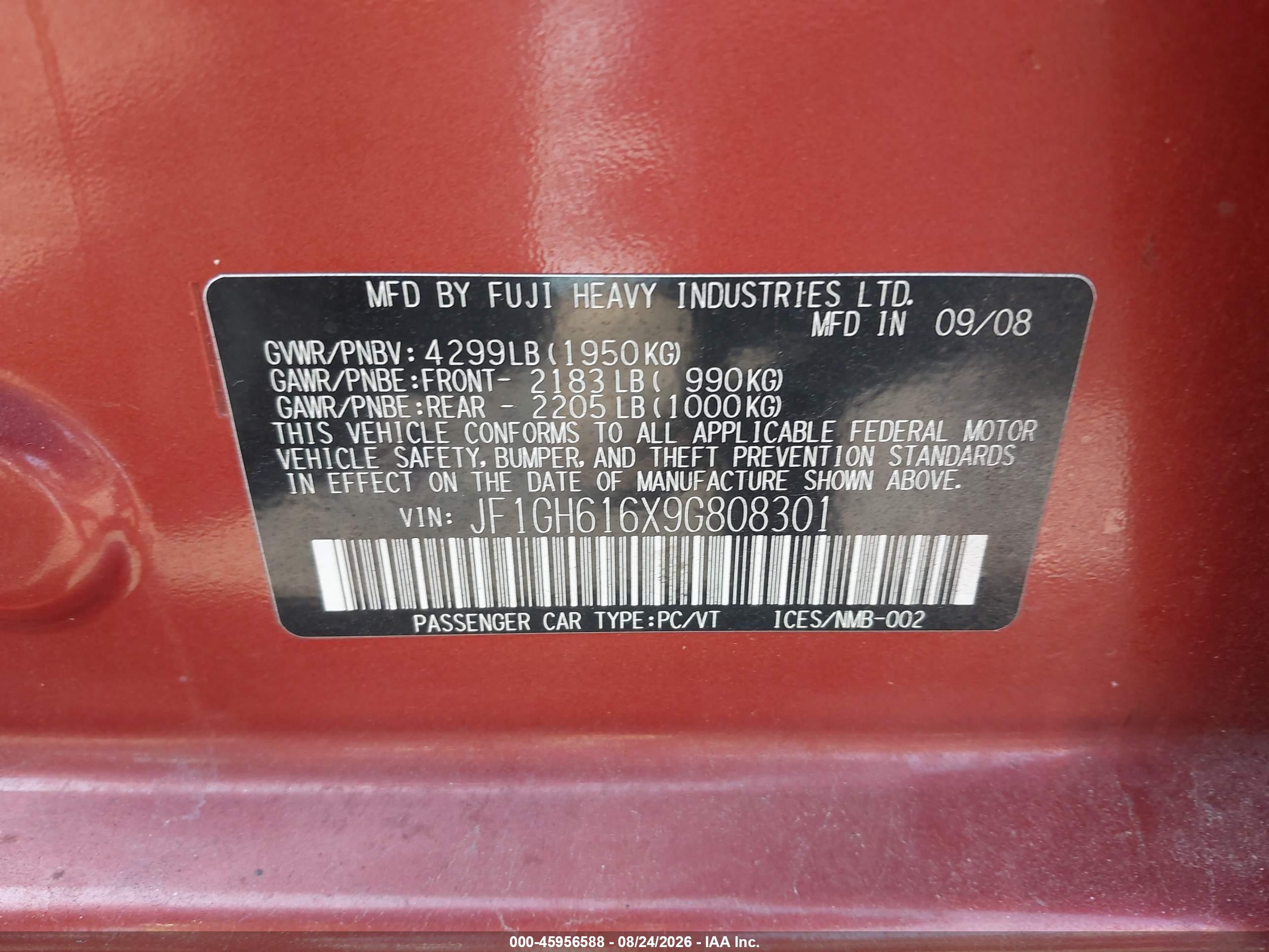 2009 Subaru Impreza 2.5i Red vin: JF1GH616X9G808301