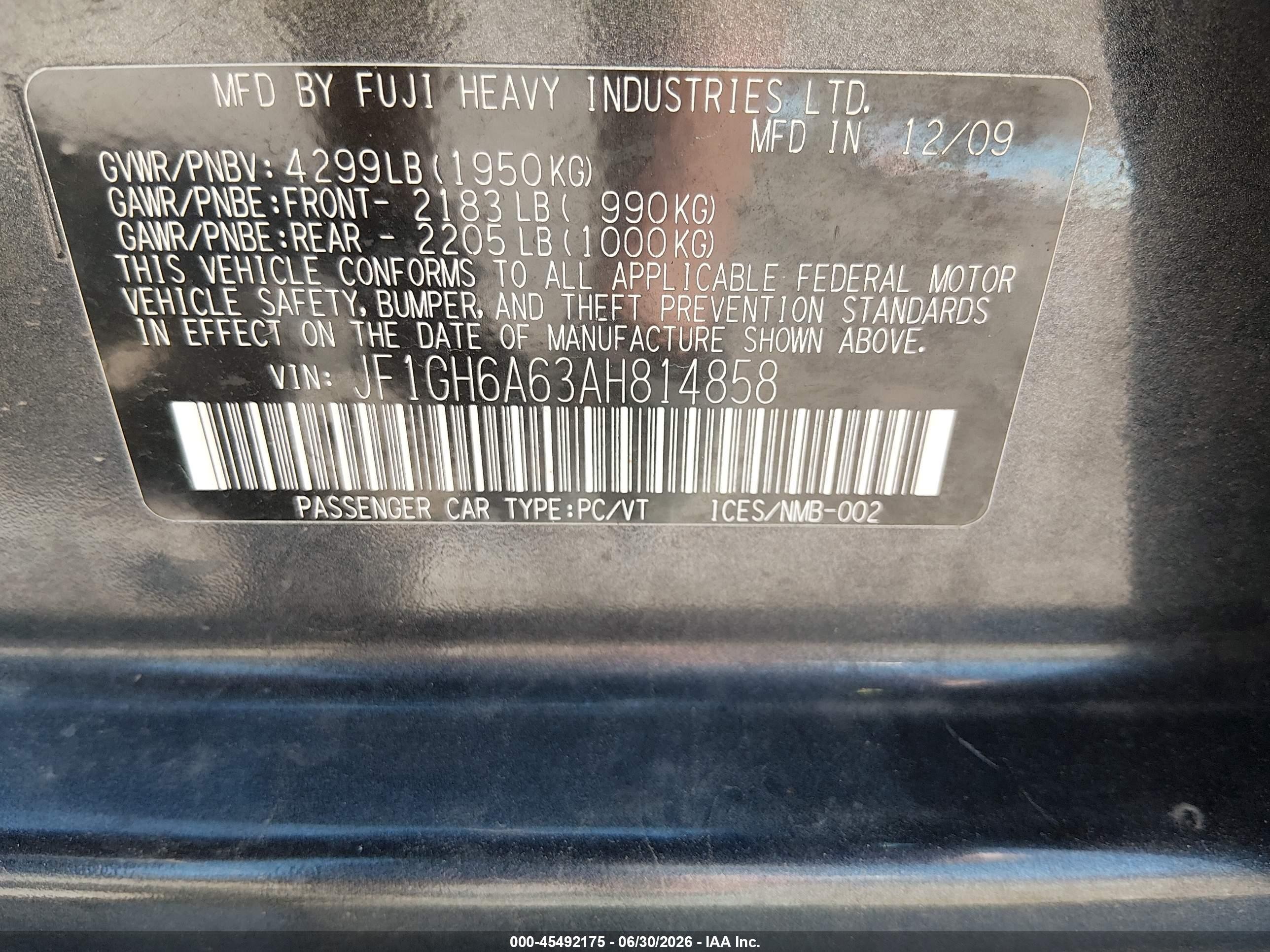 2010 Subaru Impreza 2.5i Blue vin: JF1GH6A63AH814858