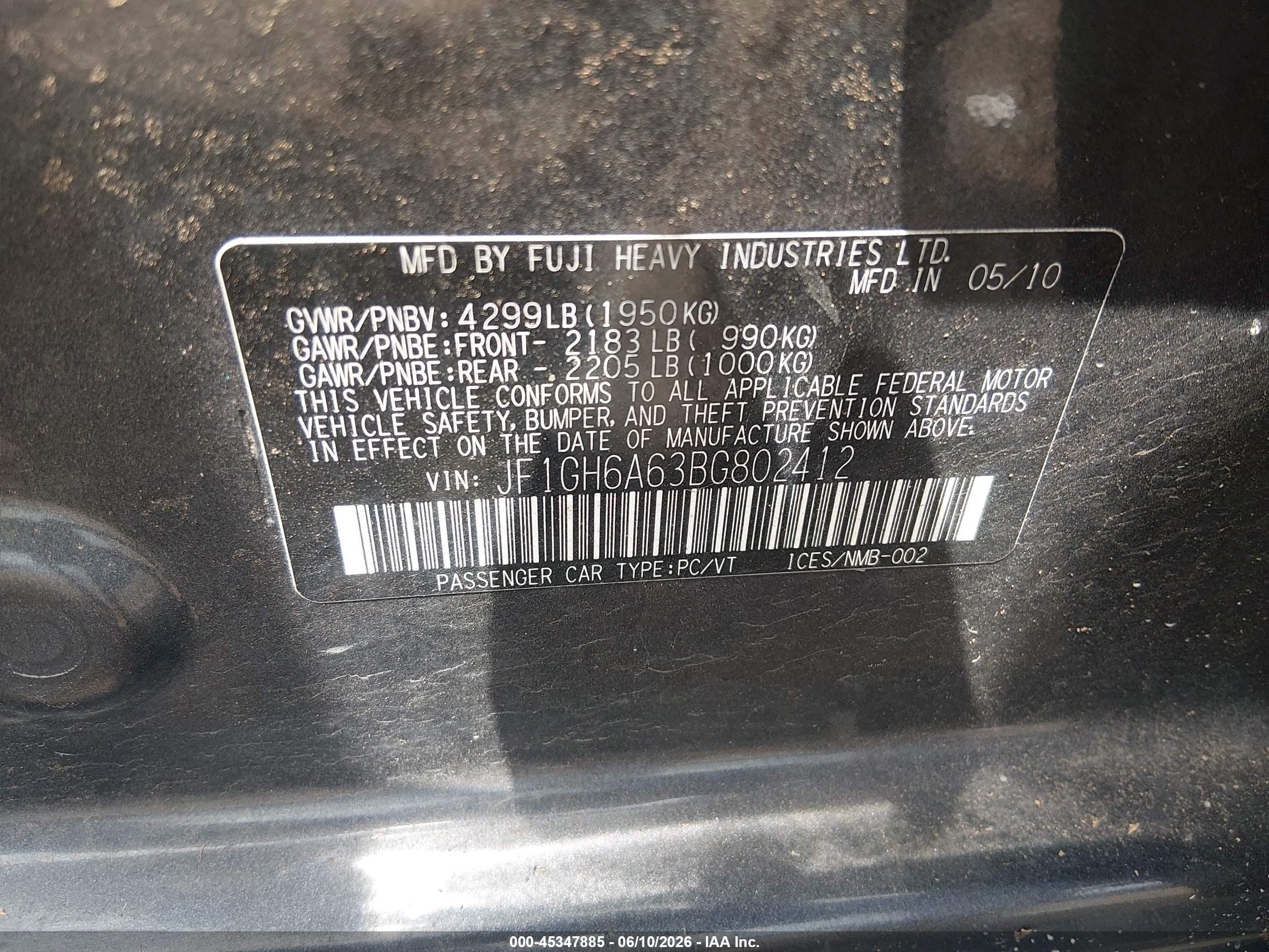 2011 Subaru Impreza 2.5i Черный vin: JF1GH6A63BG802412