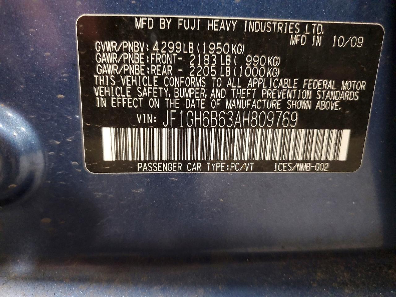 2010 Subaru Impreza 2.5i Premium Blue vin: JF1GH6B63AH809769
