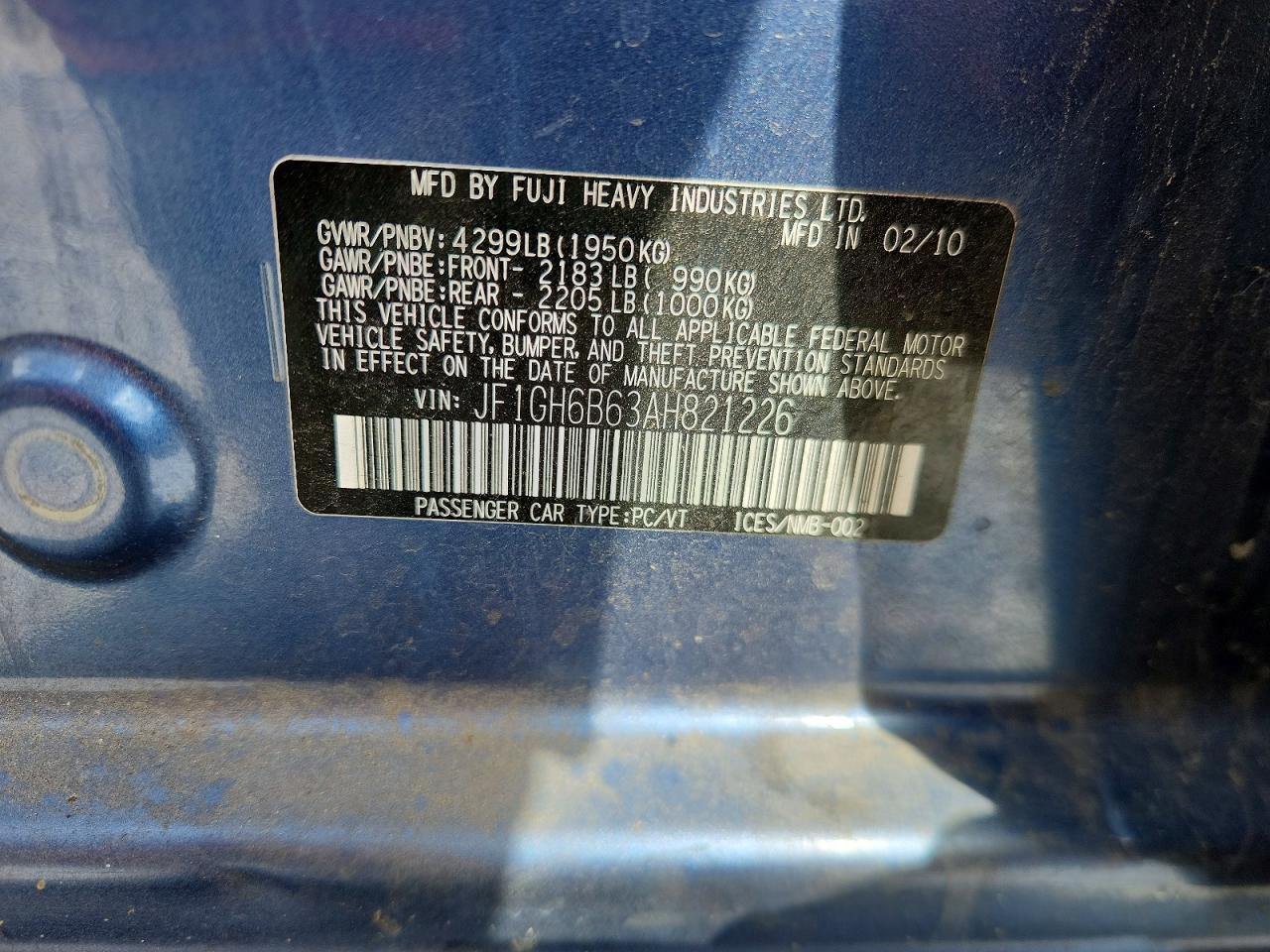 2010 Subaru Impreza 2.5i Premium Blue vin: JF1GH6B63AH821226