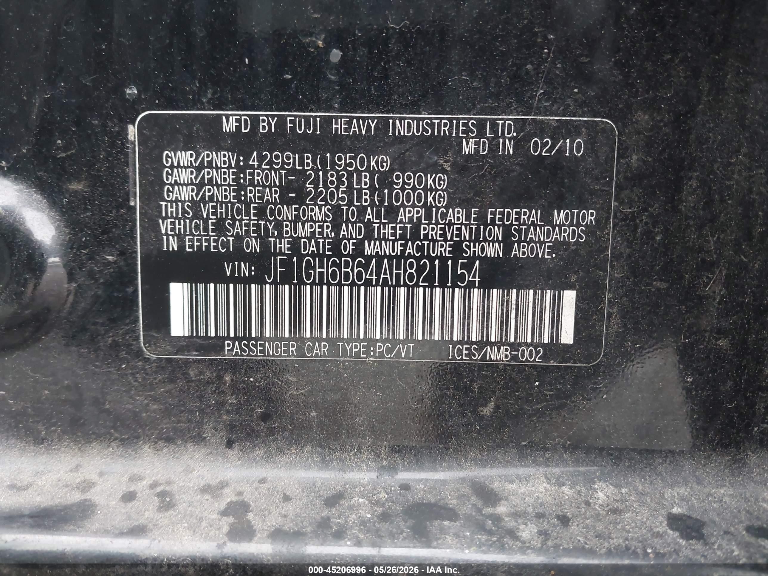2010 Subaru Impreza 2.5i Premium Black vin: JF1GH6B64AH821154