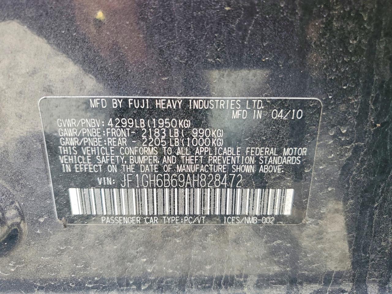 2010 Subaru Impreza 2.5i Premium Black vin: JF1GH6B69AH828472