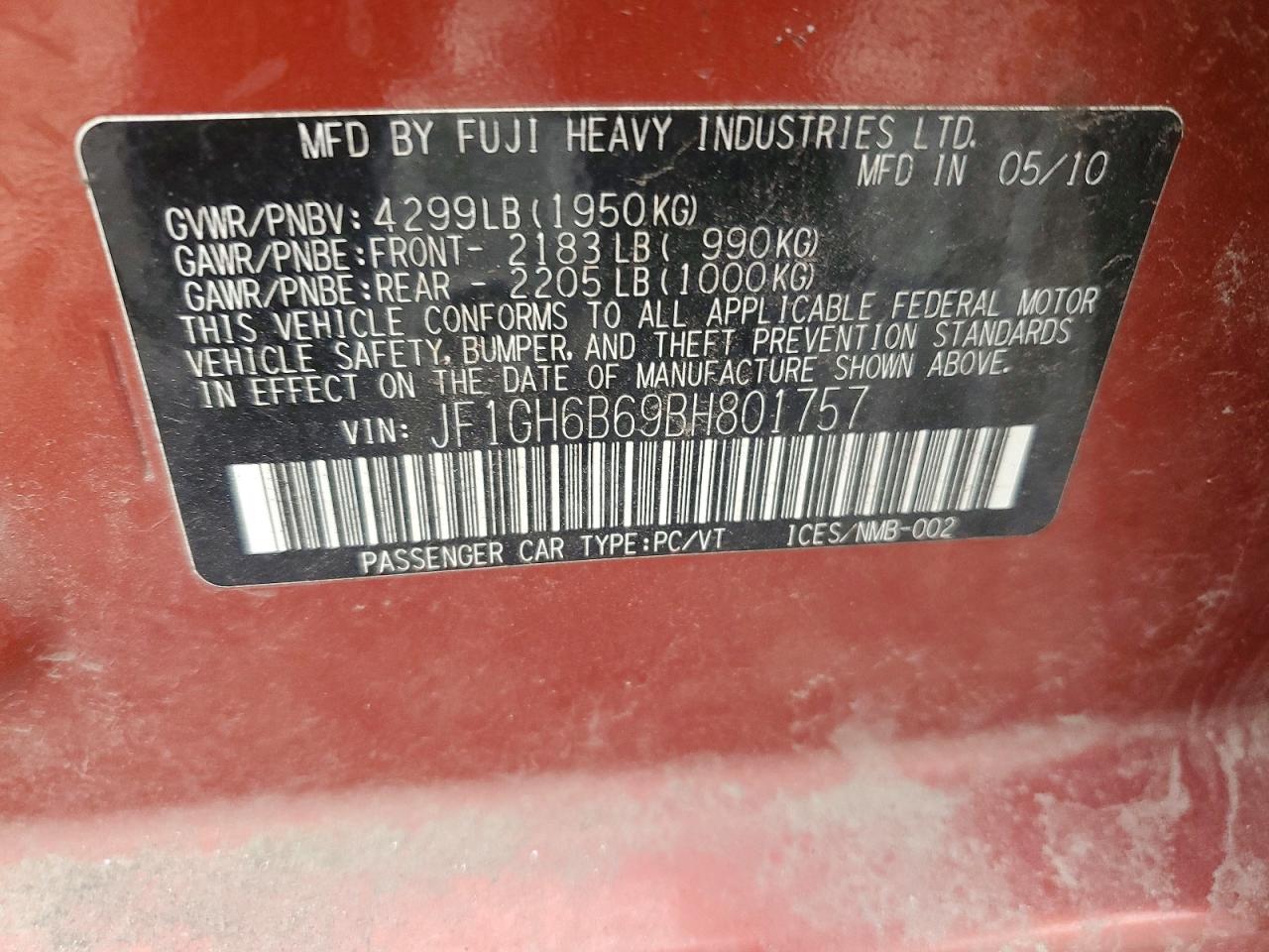 2011 Subaru Impreza 2.5i Premium Maroon vin: JF1GH6B69BH801757