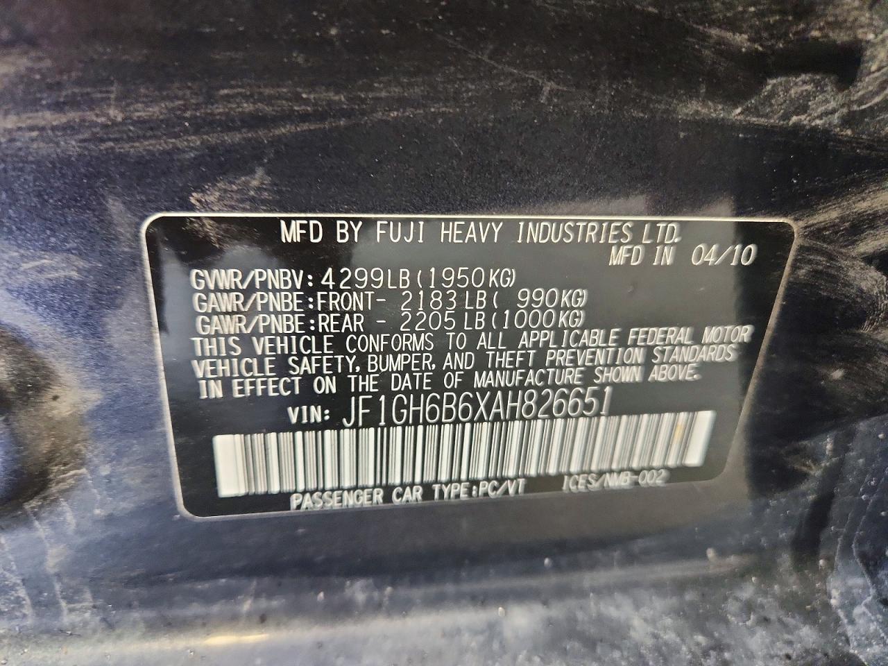2010 Subaru Impreza 2.5i Premium Charcoal vin: JF1GH6B6XAH826651