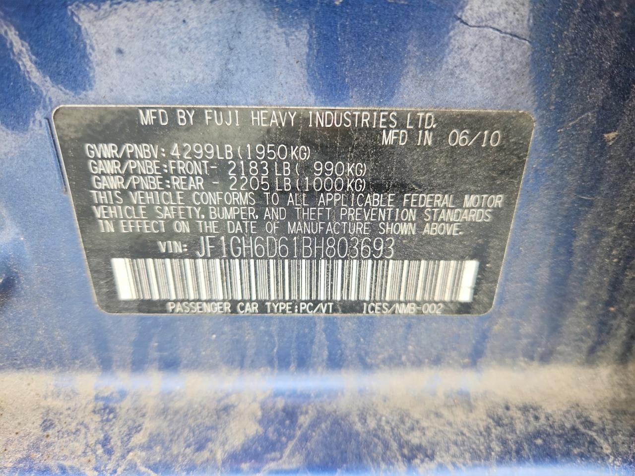 2011 Subaru Impreza Outback Sport Blue vin: JF1GH6D61BH803693