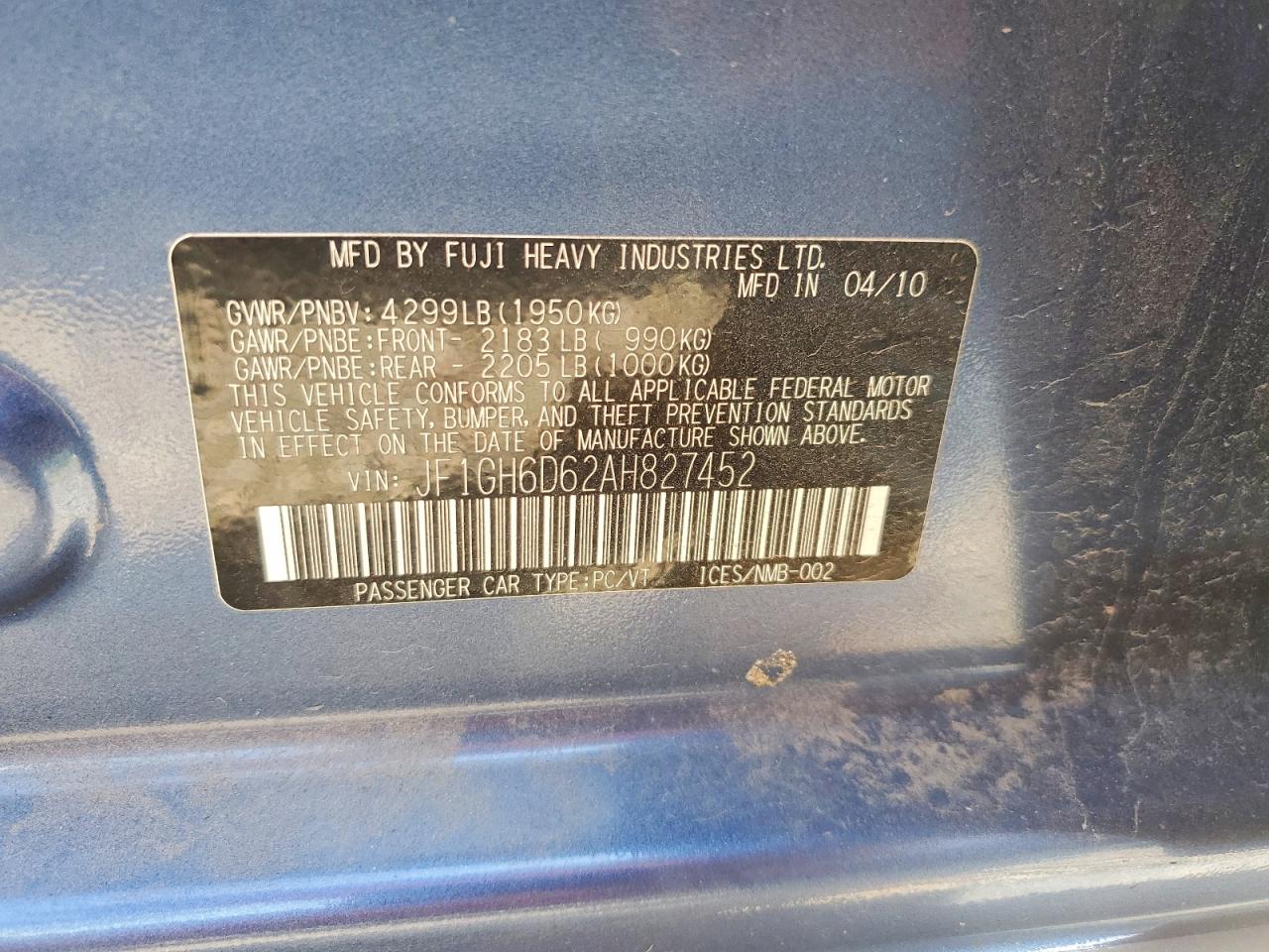 2010 Subaru Impreza Outback Sport Blue vin: JF1GH6D62AH827452