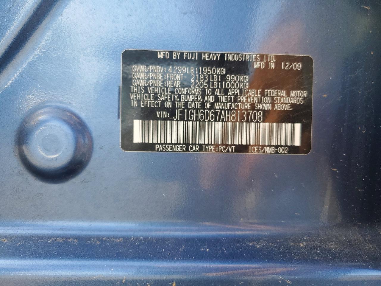 2010 Subaru Impreza Outback Sport Blue vin: JF1GH6D67AH813708