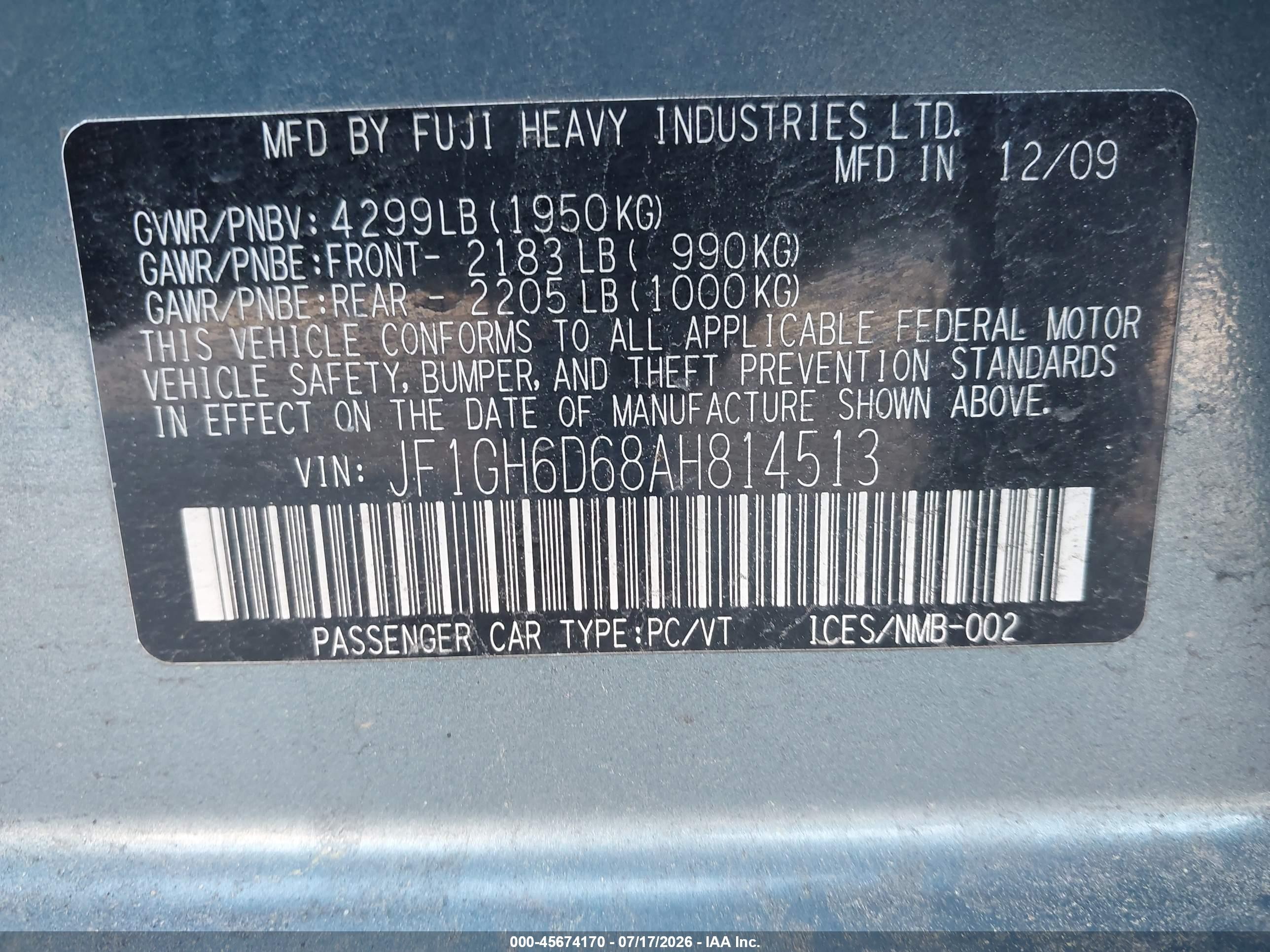 2010 Subaru Impreza Outback Sport Light Blue vin: JF1GH6D68AH814513
