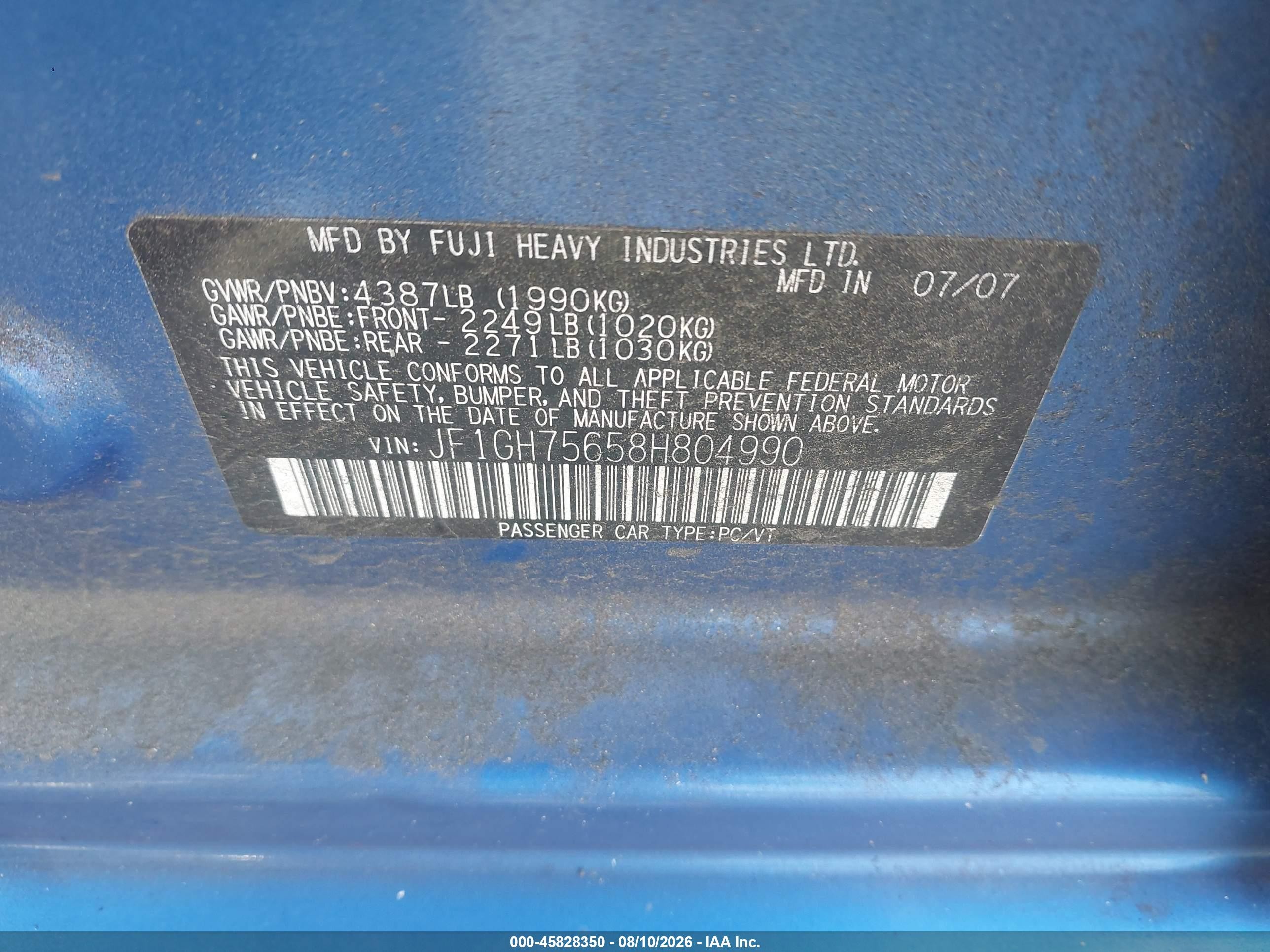 2008 Subaru Impreza Wrx Синий vin: JF1GH75658H804990