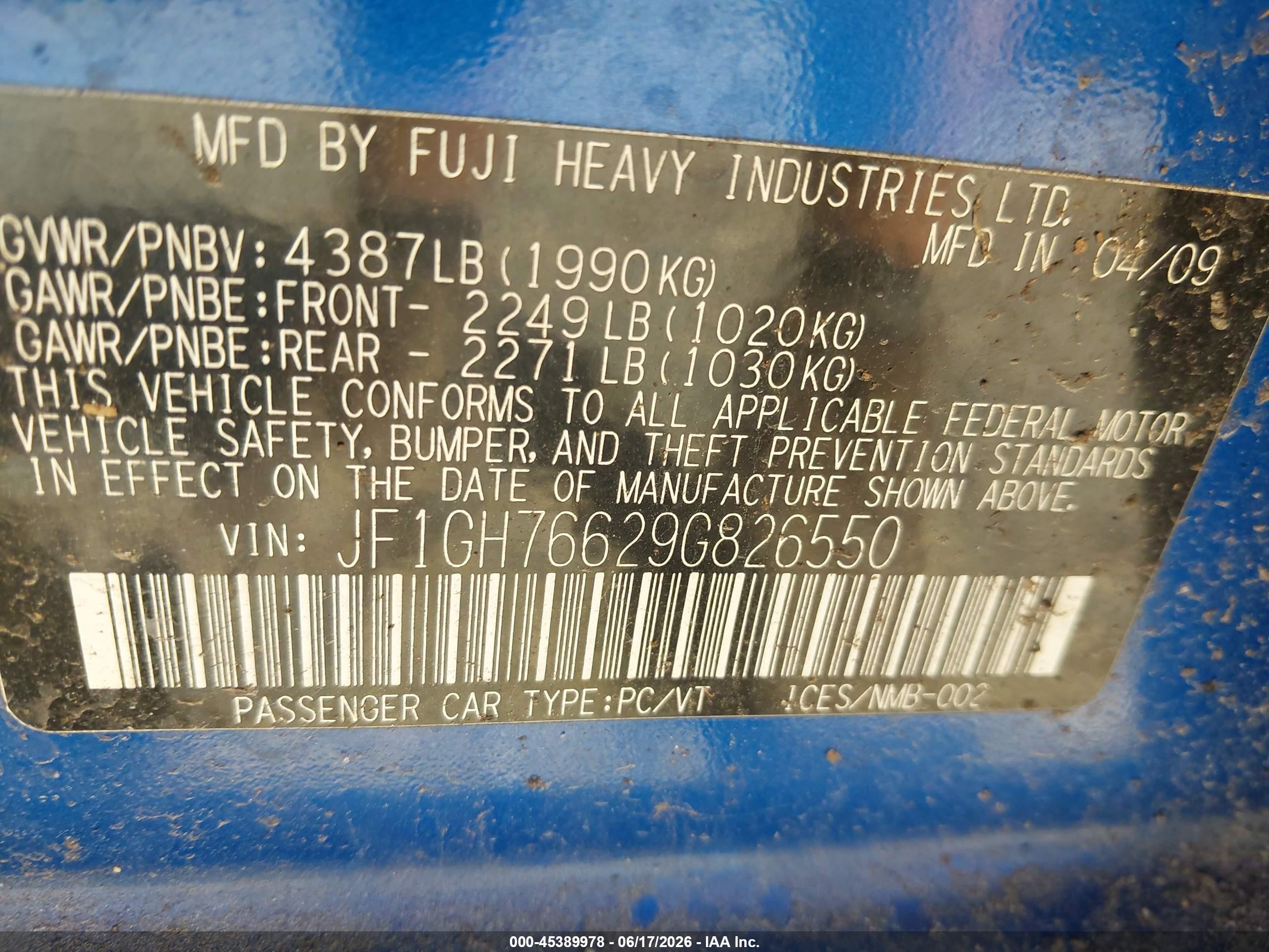 2009 Subaru Impreza Wrx Blue vin: JF1GH76629G826550