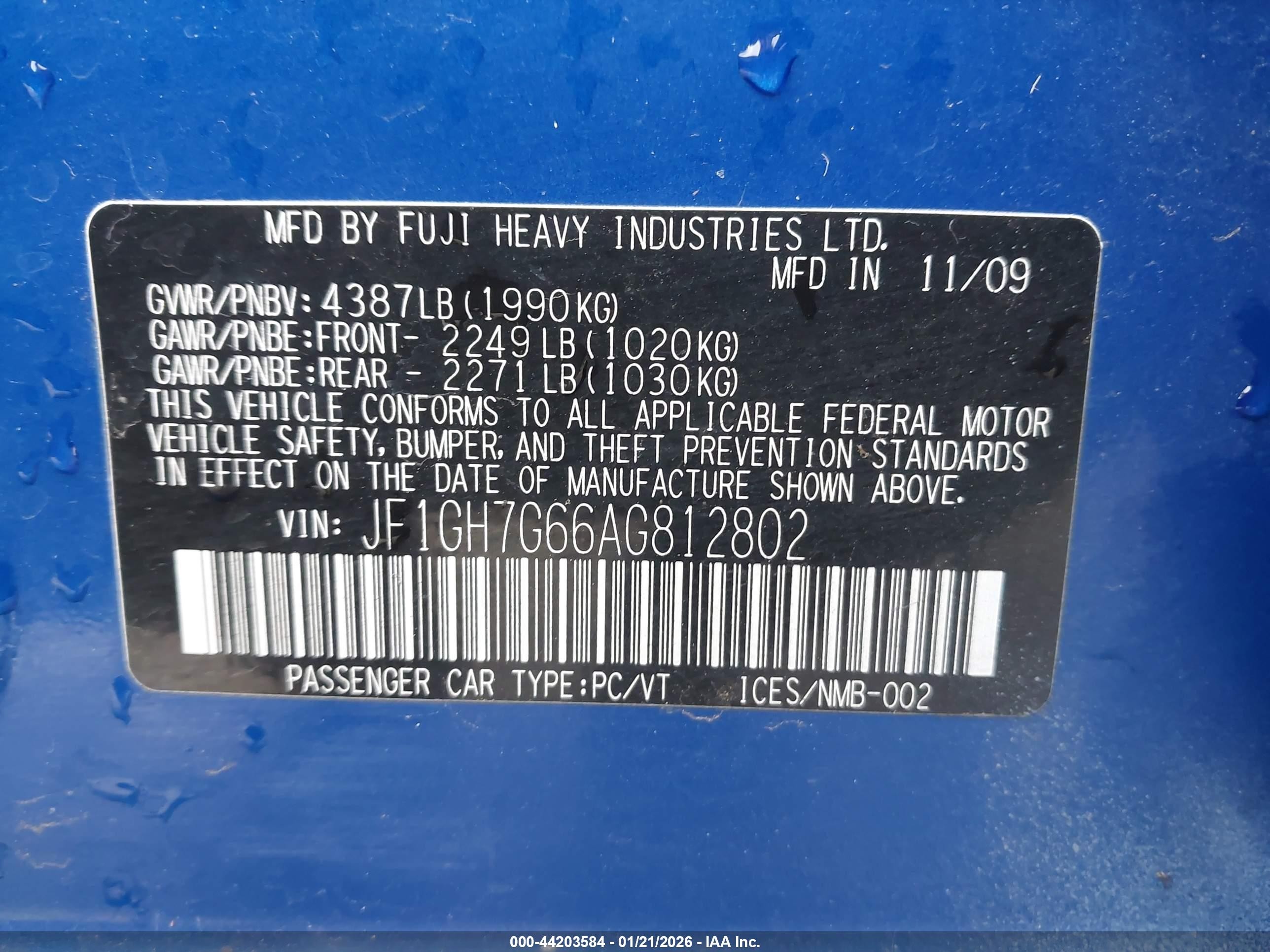 2010 Subaru Impreza Wrx Blue vin: JF1GH7G66AG812802