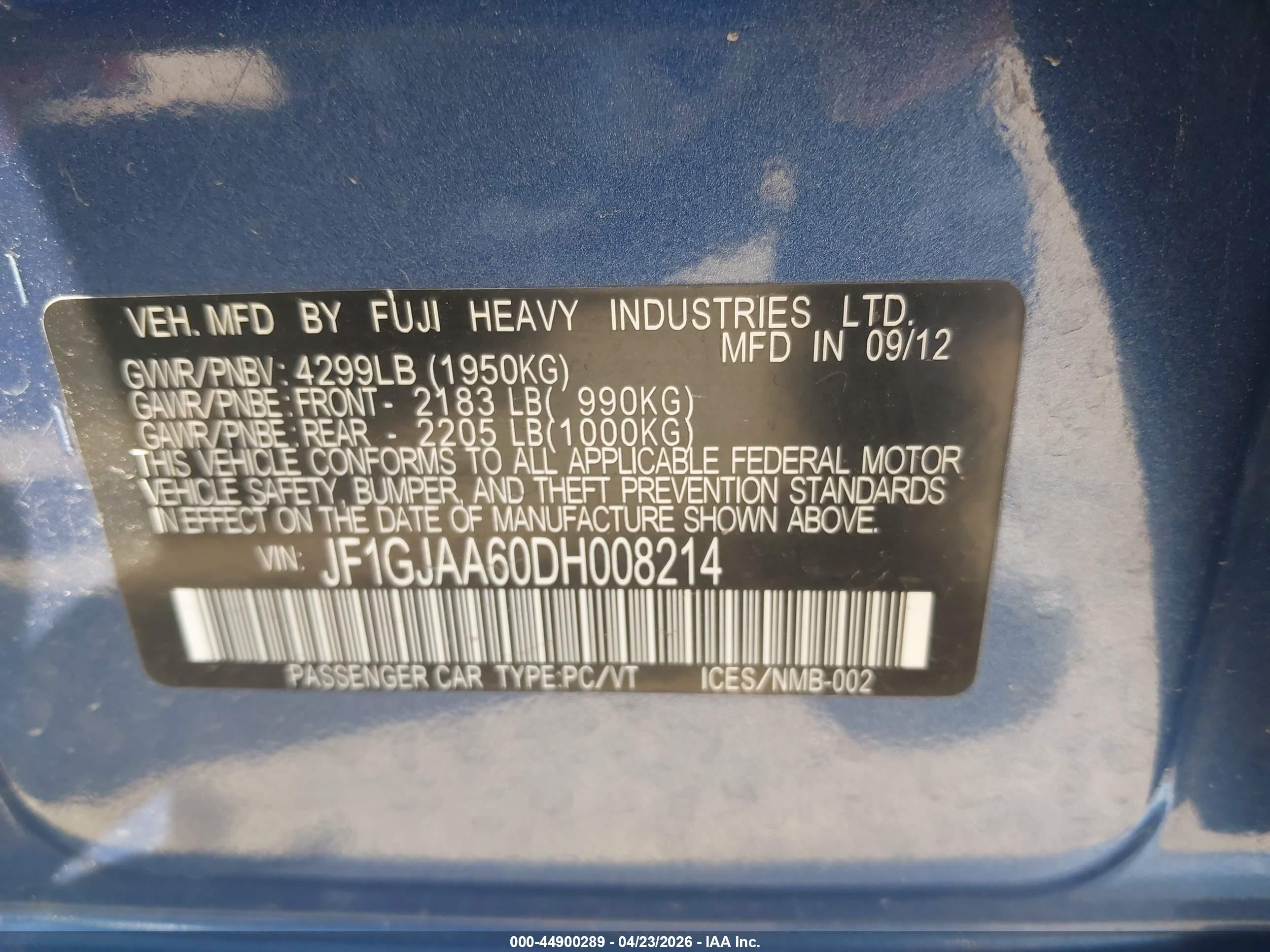 2013 Subaru Impreza 2.0i Blue vin: JF1GJAA60DH008214