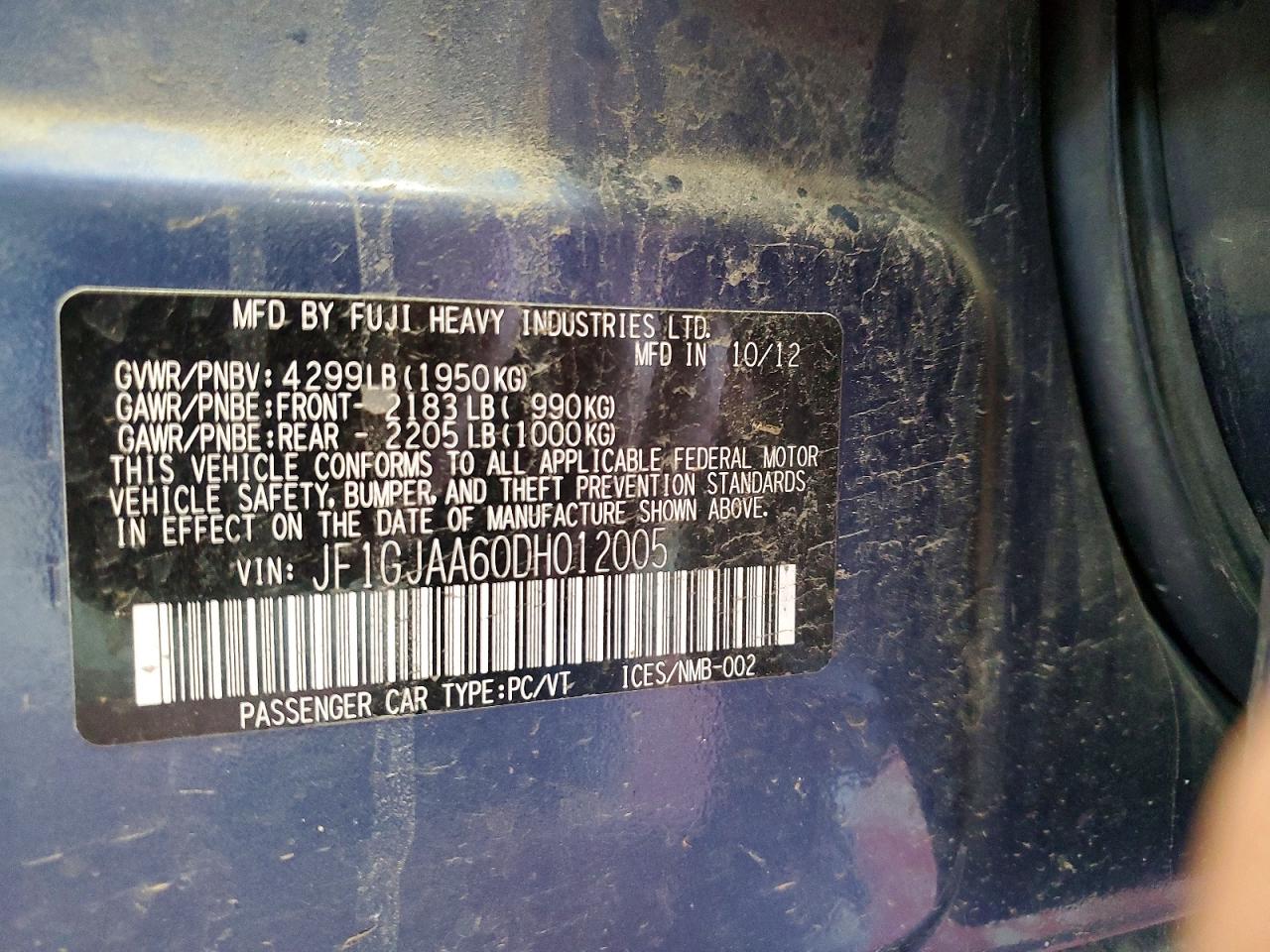 2013 Subaru Impreza Blue vin: JF1GJAA60DH012005
