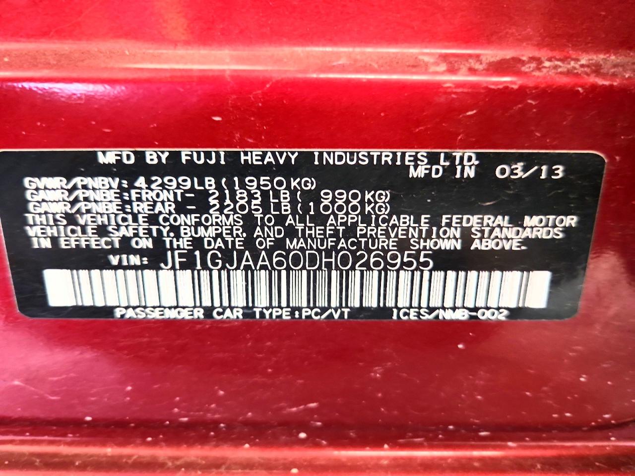 2013 Subaru Impreza Red vin: JF1GJAA60DH026955