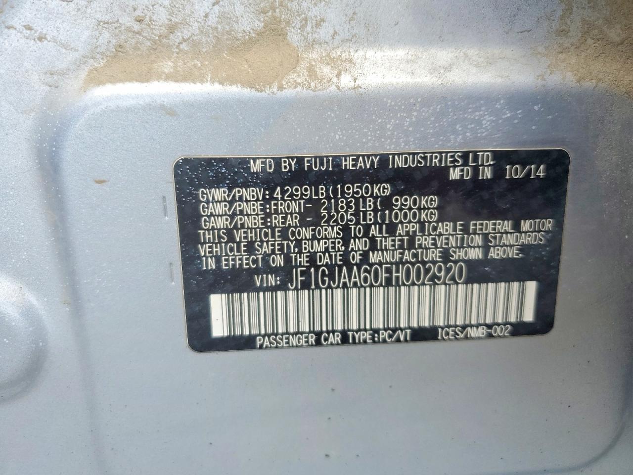 2015 Subaru Impreza Silver vin: JF1GJAA60FH002920