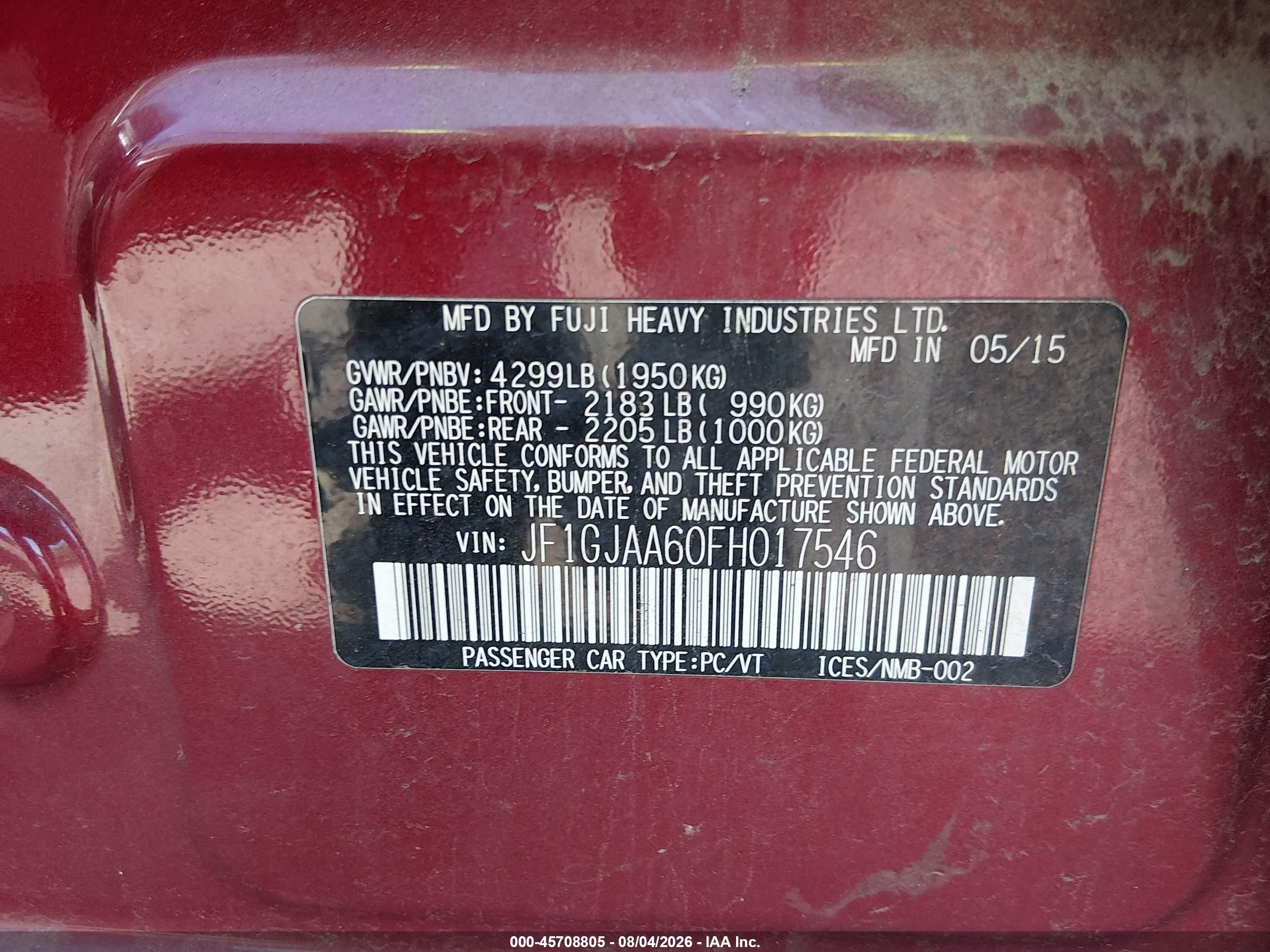 2015 Subaru Impreza 2.0i Красный vin: JF1GJAA60FH017546