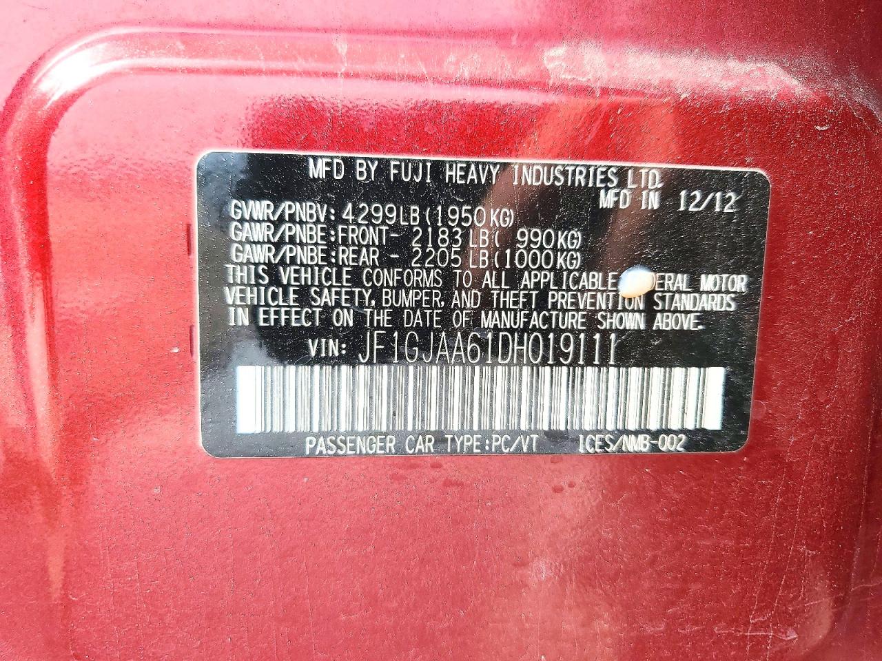 2013 Subaru Impreza Red vin: JF1GJAA61DH019111