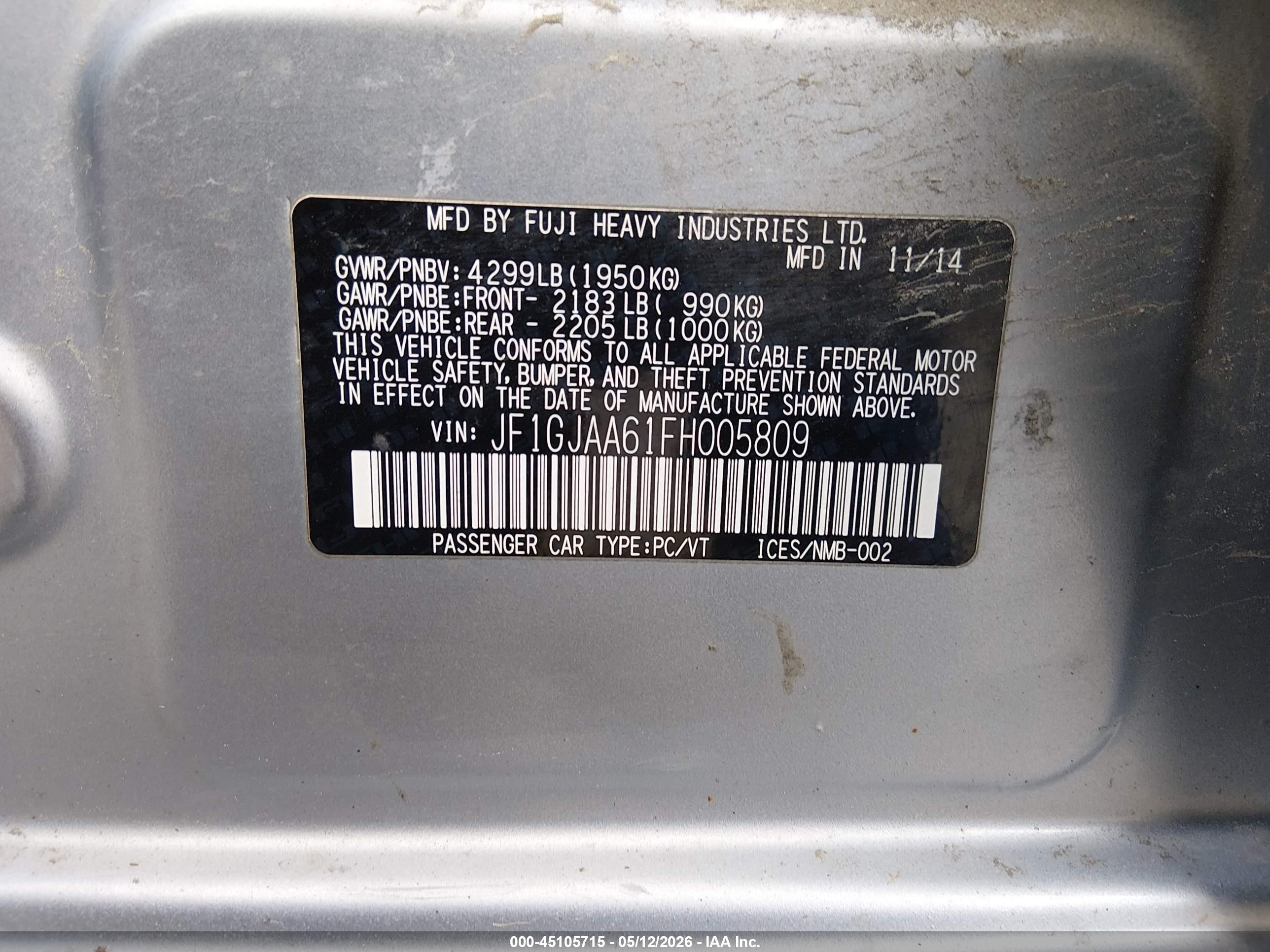 2015 Subaru Impreza 2.0i Silver vin: JF1GJAA61FH005809