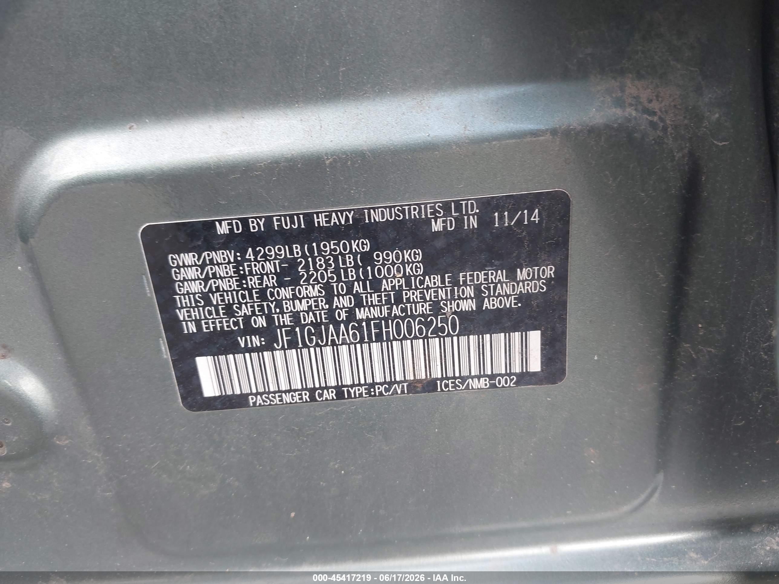 2015 Subaru Impreza 2.0i Green vin: JF1GJAA61FH006250