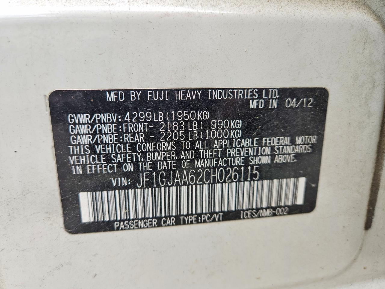 2012 Subaru Impreza White vin: JF1GJAA62CH026115