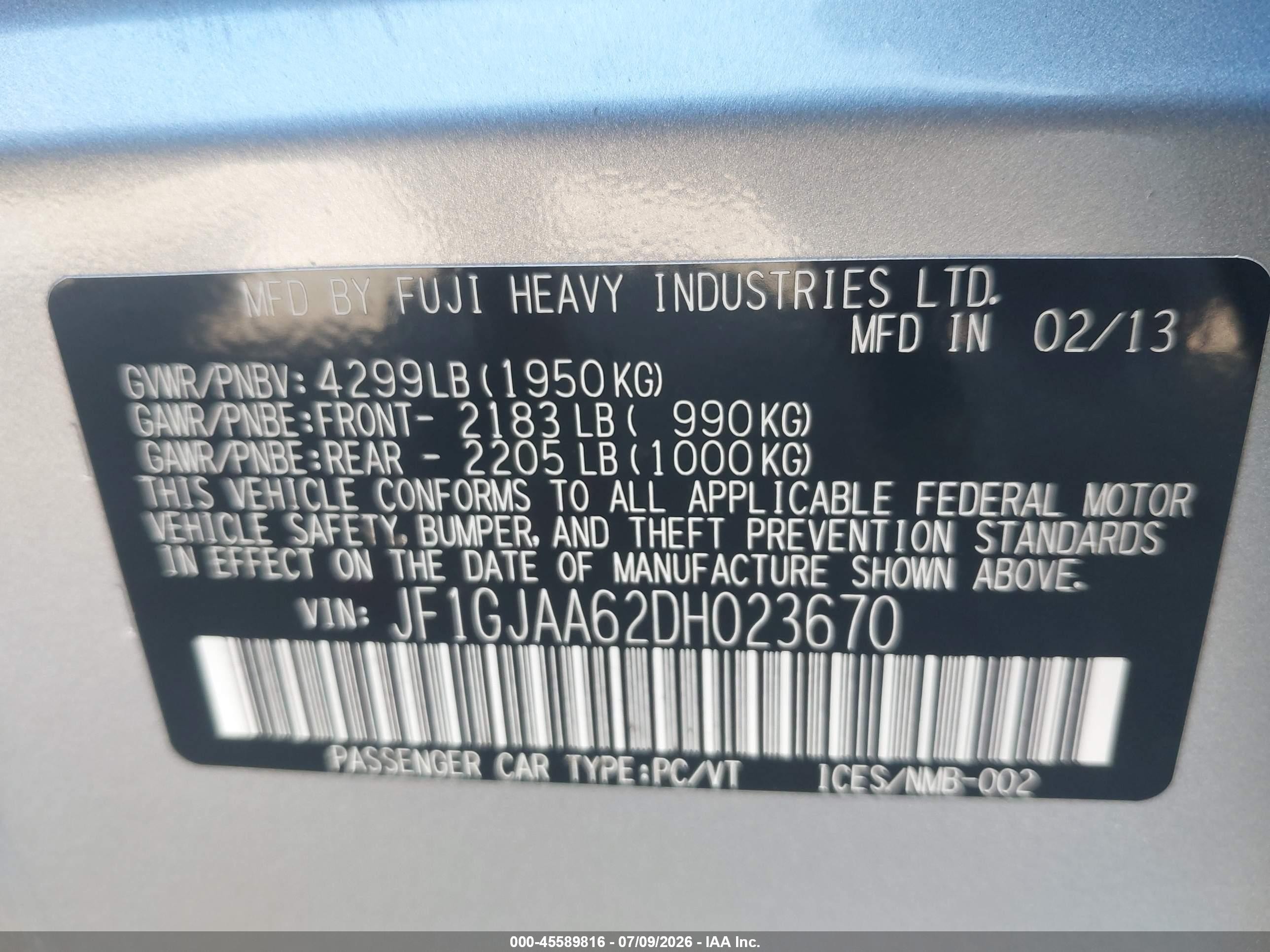 2013 Subaru Impreza 2.0i Silver vin: JF1GJAA62DH023670