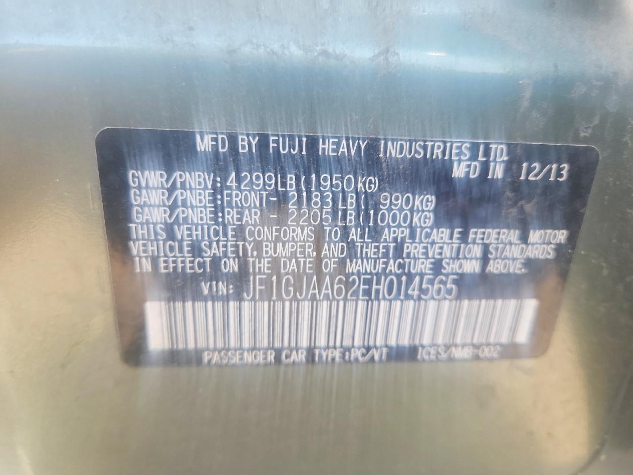 2014 Subaru Impreza Green vin: JF1GJAA62EH014565