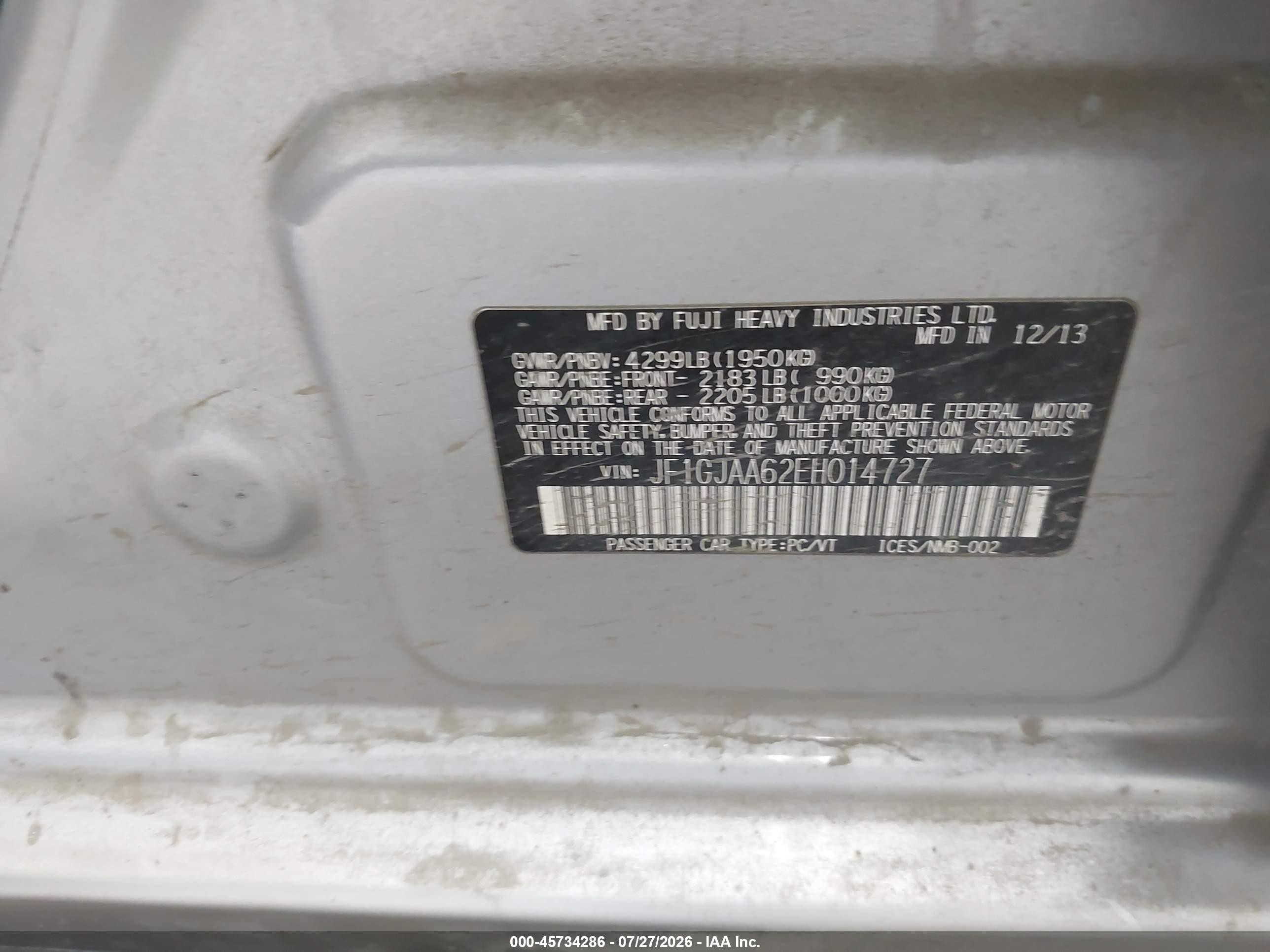 2014 Subaru Impreza 2.0i Silver vin: JF1GJAA62EH014727