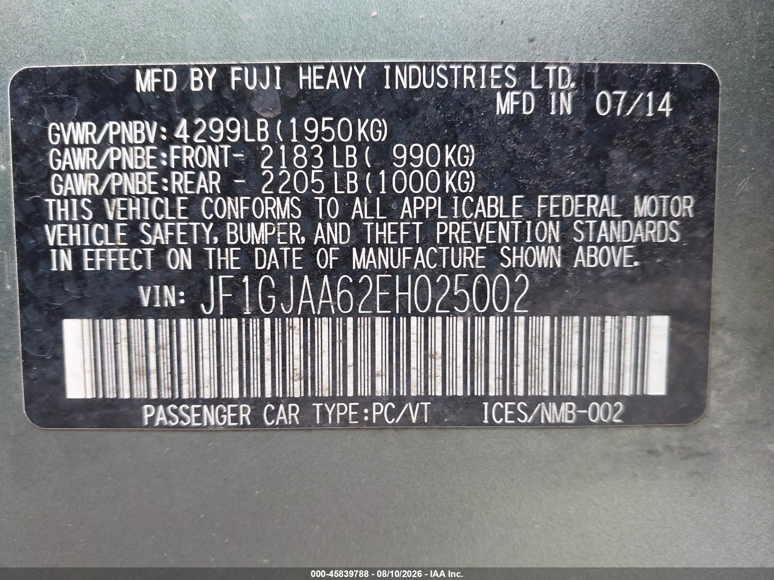 2014 Subaru Impreza 2.0i Зеленый vin: JF1GJAA62EH025002