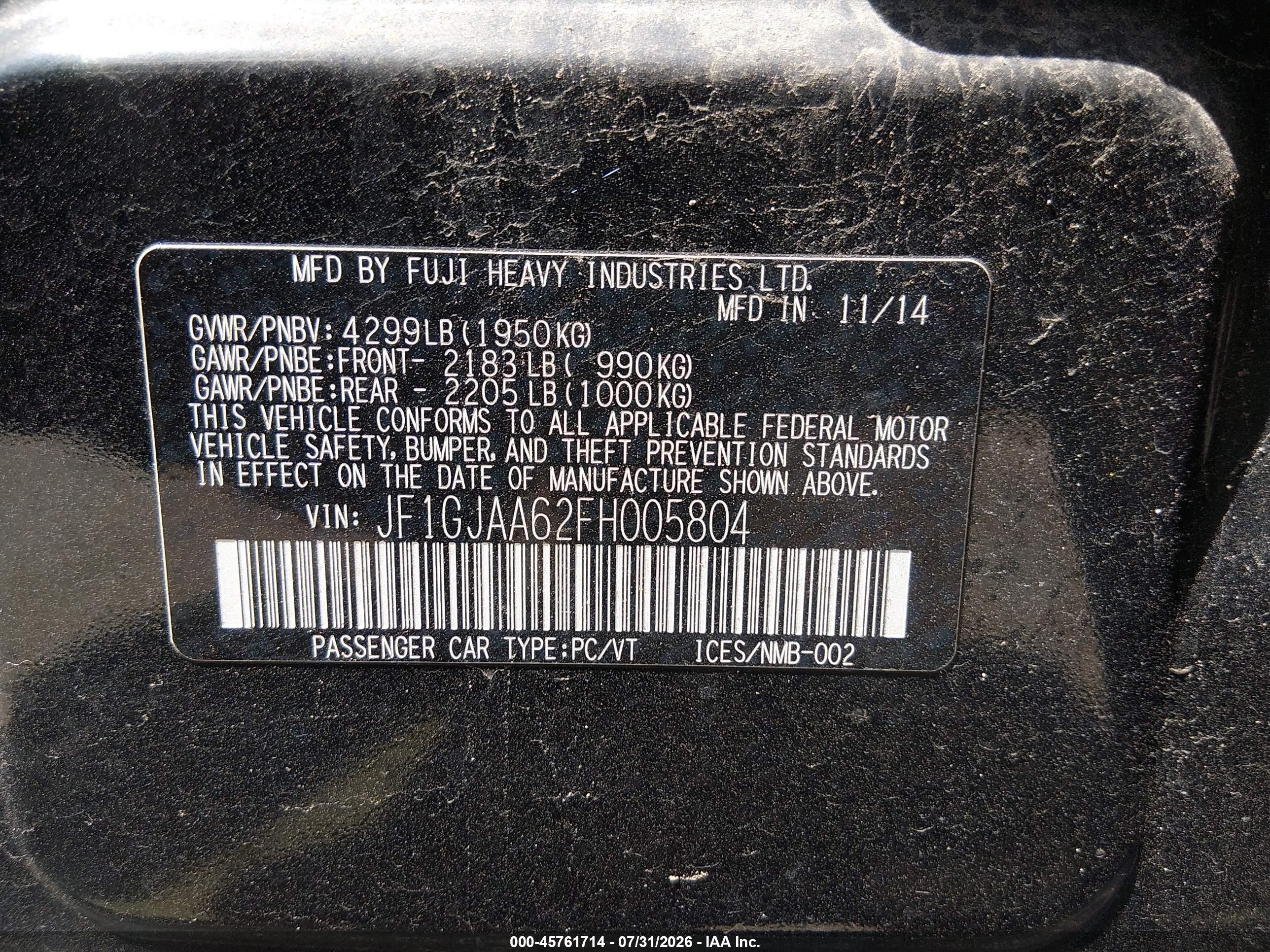 2015 Subaru Impreza 2.0i Black vin: JF1GJAA62FH005804