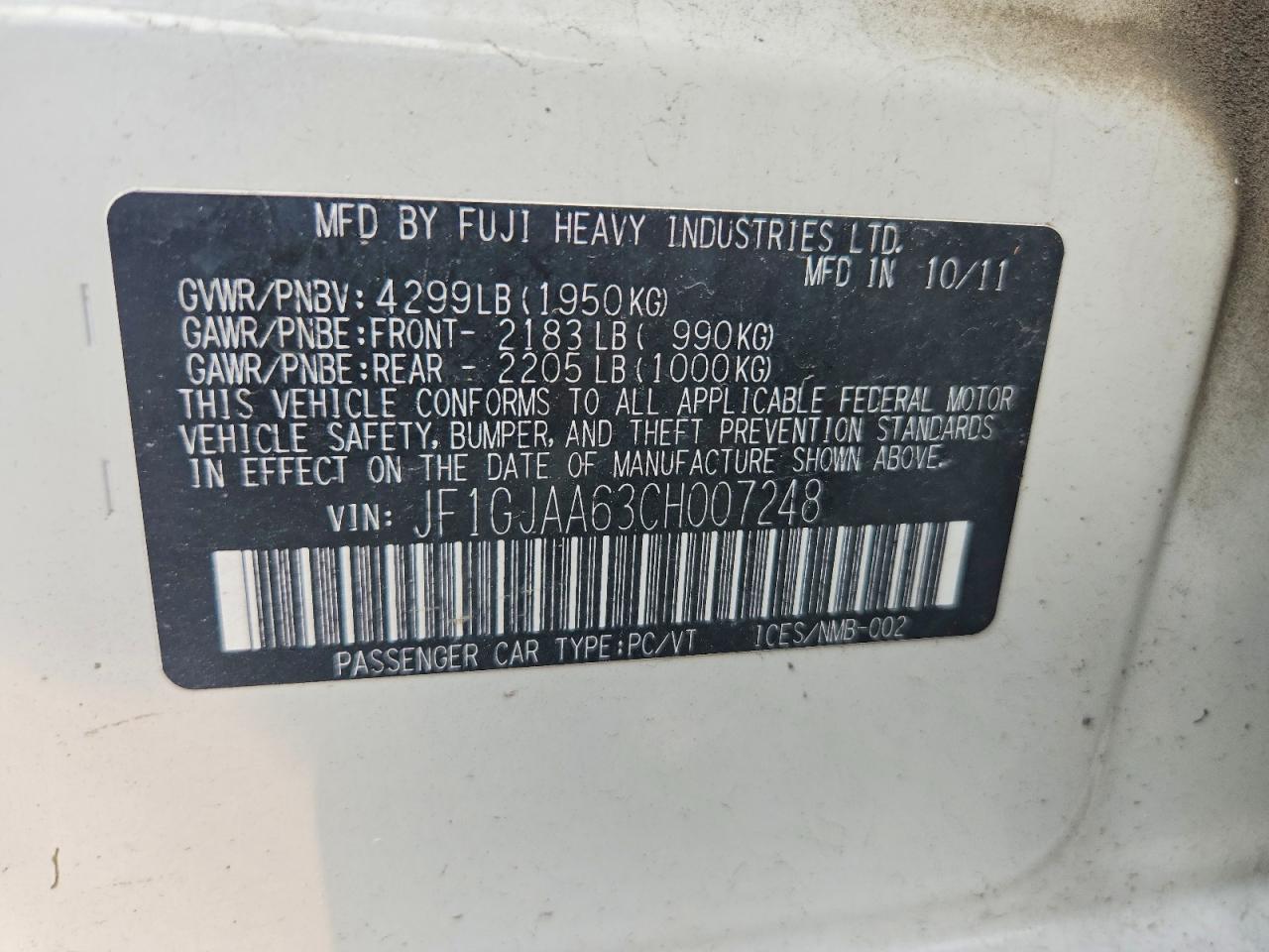 2012 Subaru Impreza White vin: JF1GJAA63CH007248