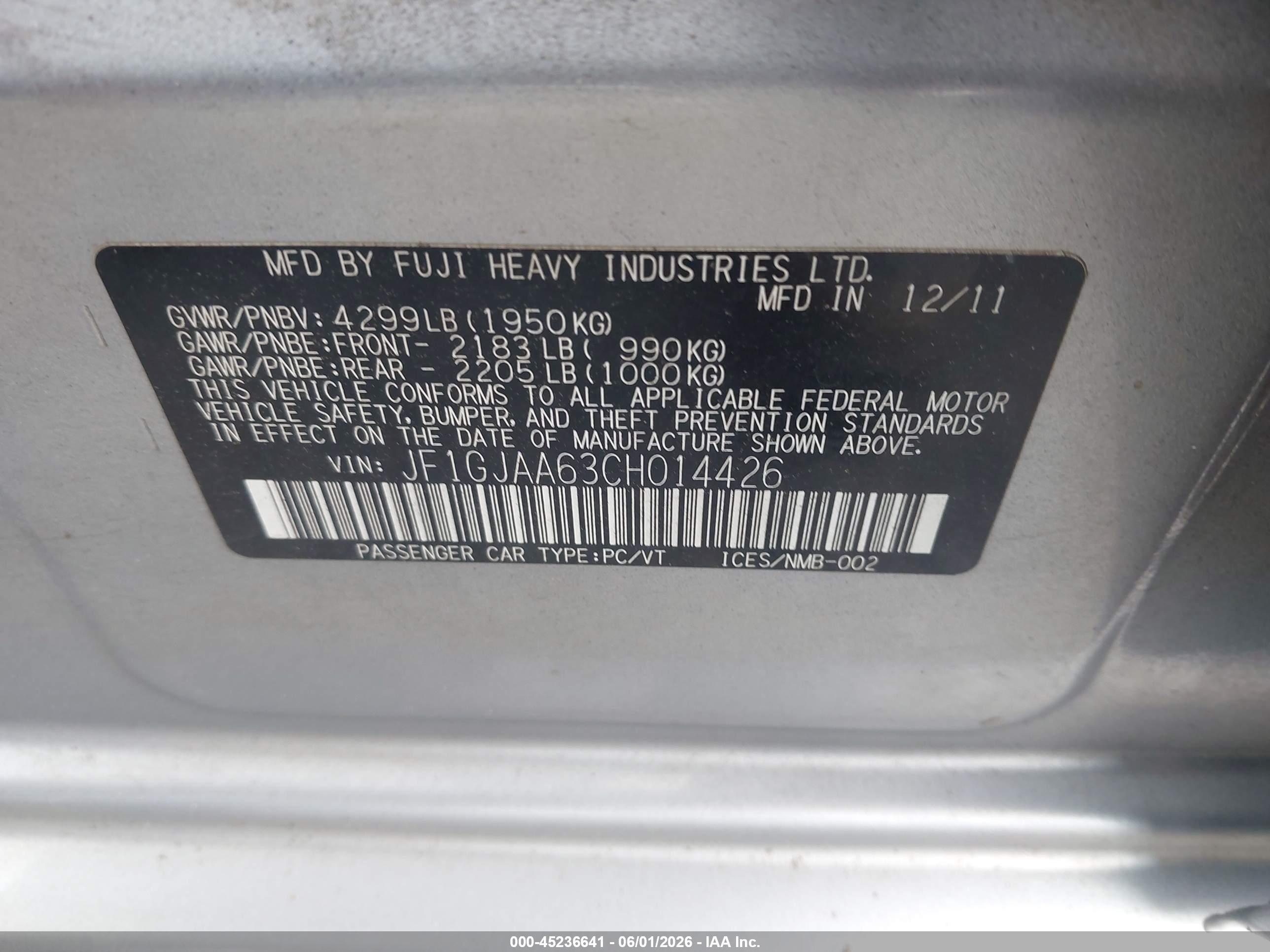 2012 Subaru Impreza 2.0i Silver vin: JF1GJAA63CH014426
