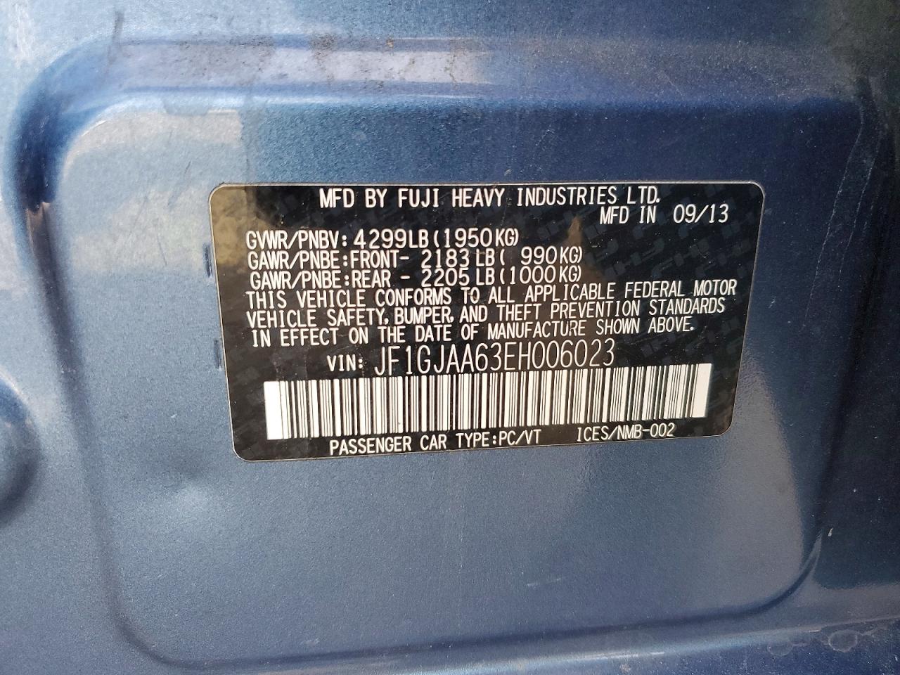 2014 Subaru Impreza Blue vin: JF1GJAA63EH006023