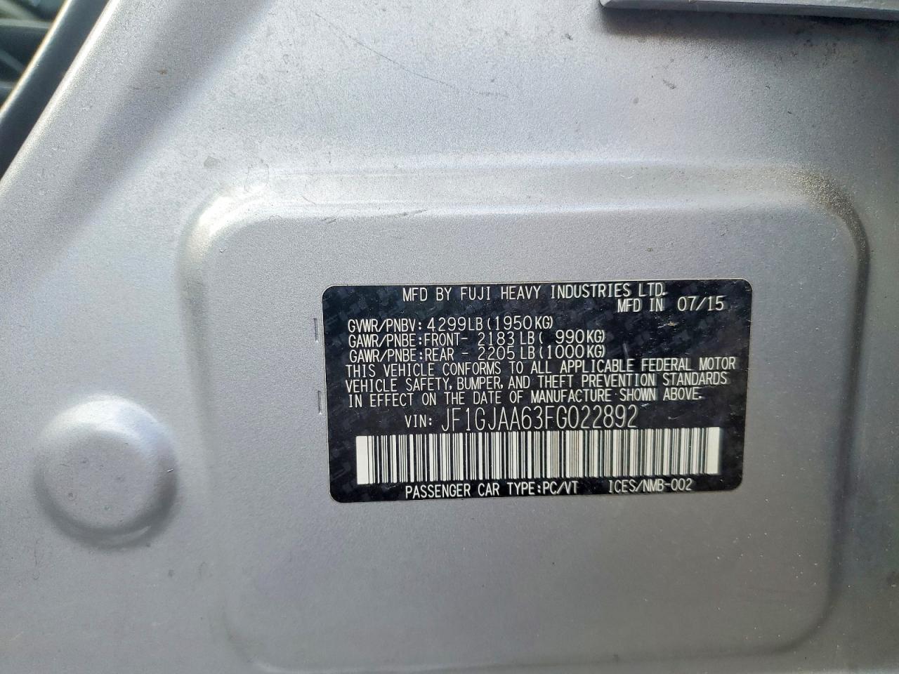 2015 Subaru Impreza Silver vin: JF1GJAA63FG022892