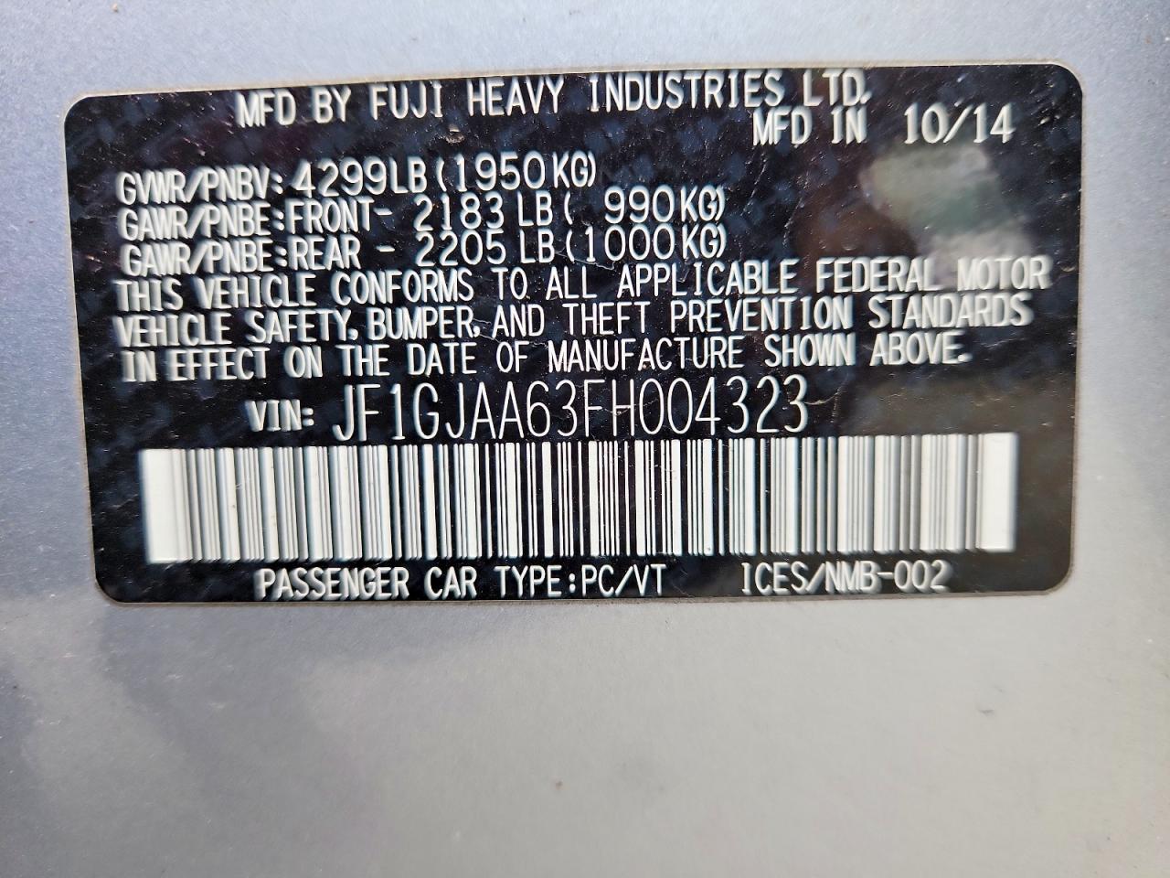 2015 Subaru Impreza Silver vin: JF1GJAA63FH004323