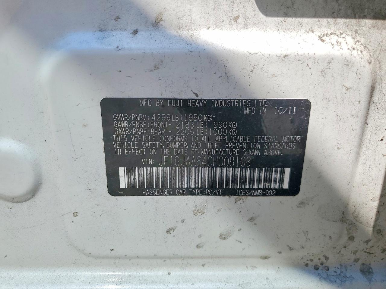 2012 Subaru Impreza White vin: JF1GJAA64CH008103