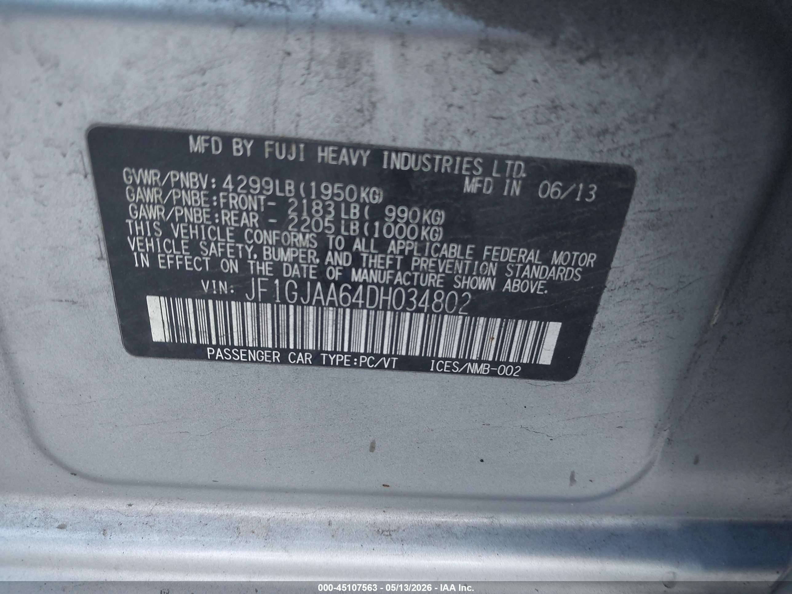 2013 Subaru Impreza 2.0i Серебряный vin: JF1GJAA64DH034802