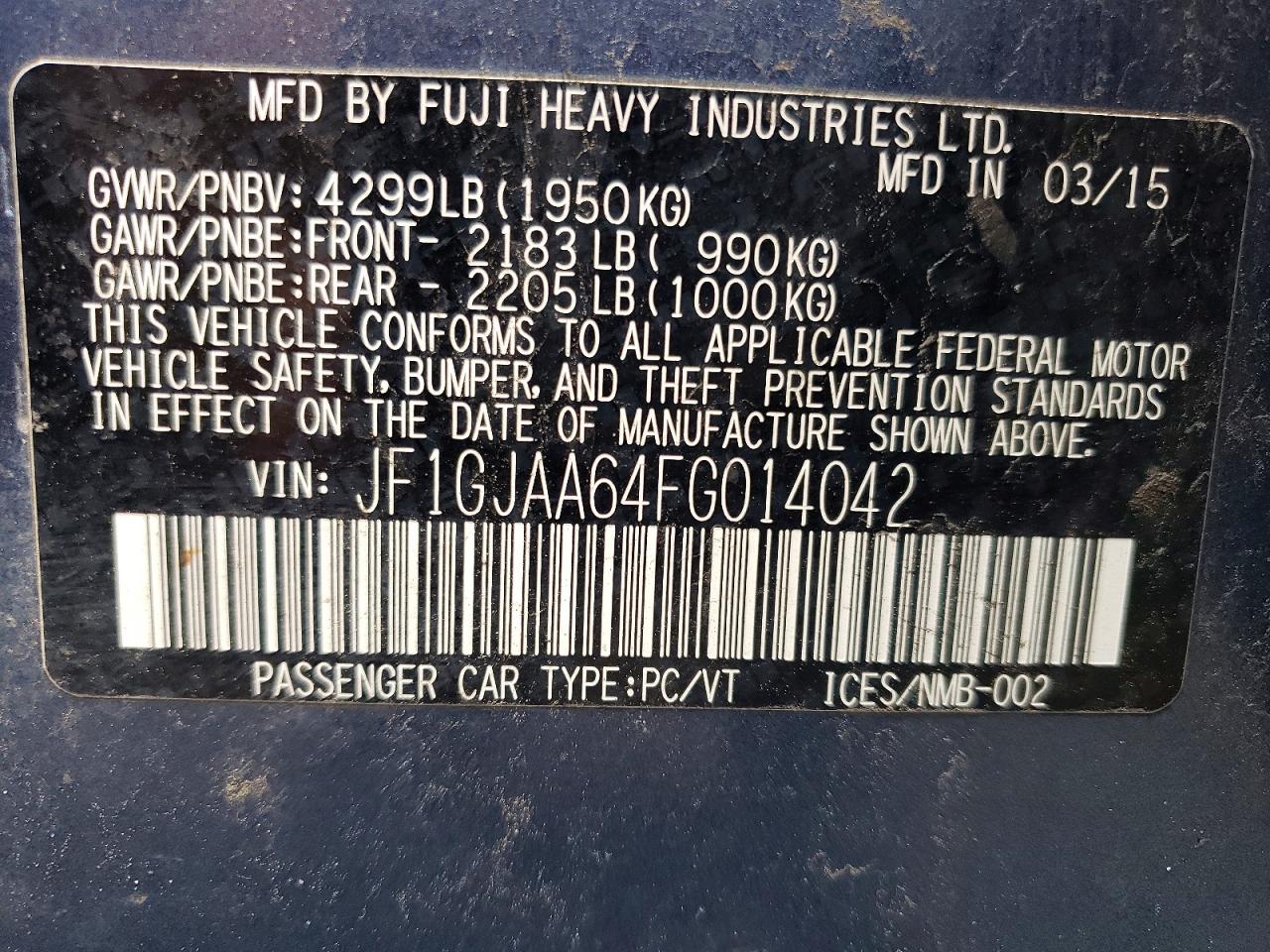2015 Subaru Impreza Blue vin: JF1GJAA64FG014042