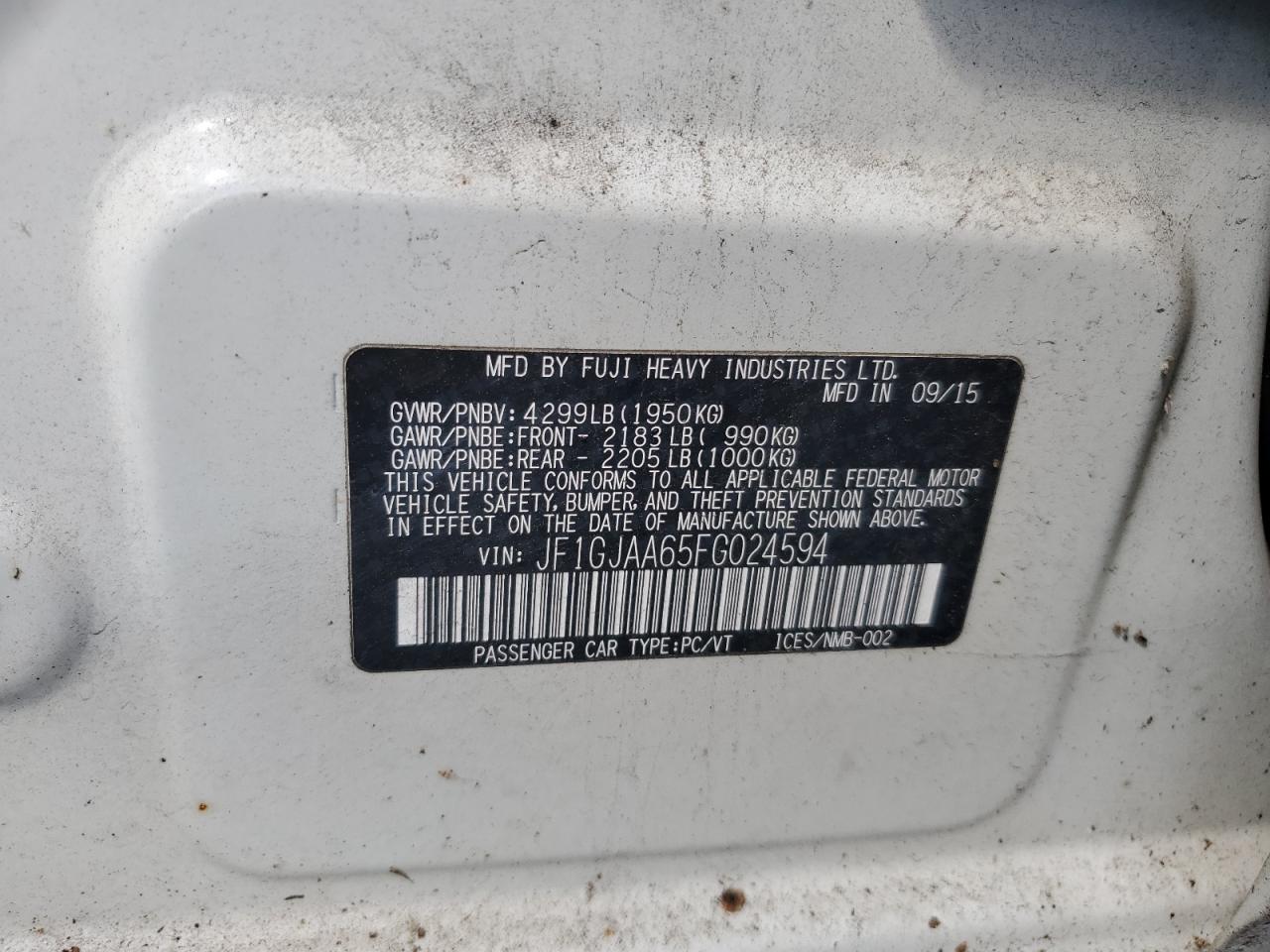 2015 Subaru Impreza White vin: JF1GJAA65FG024594